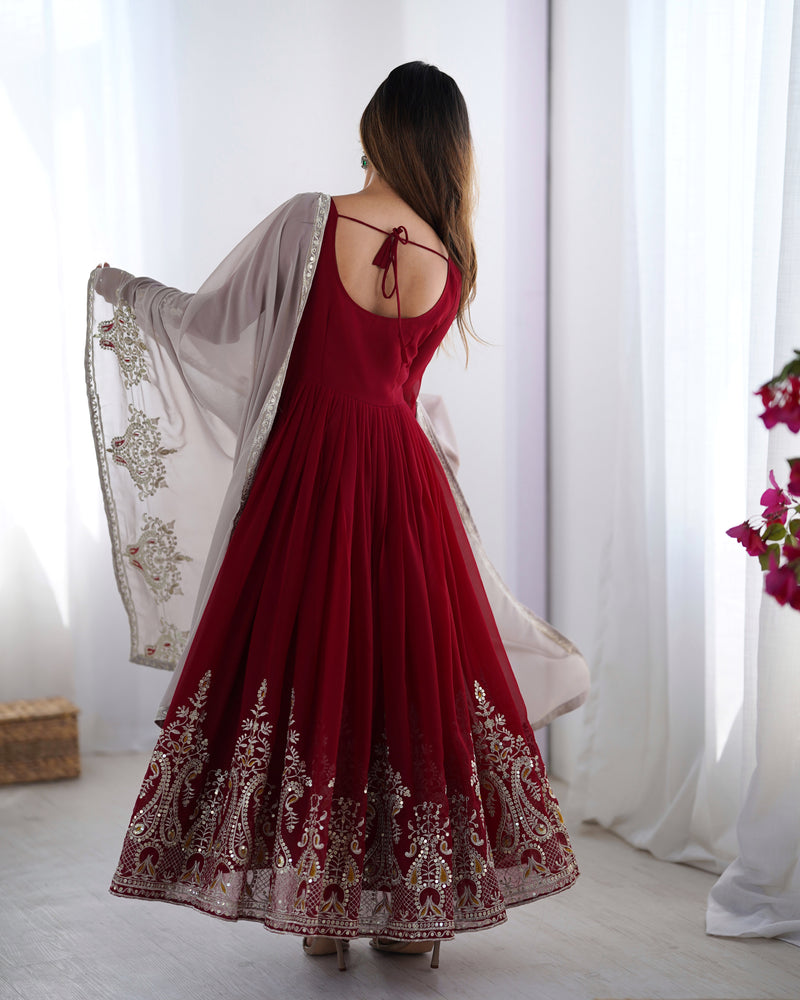 Womenline Red Color Embroidery Anarkali Suit