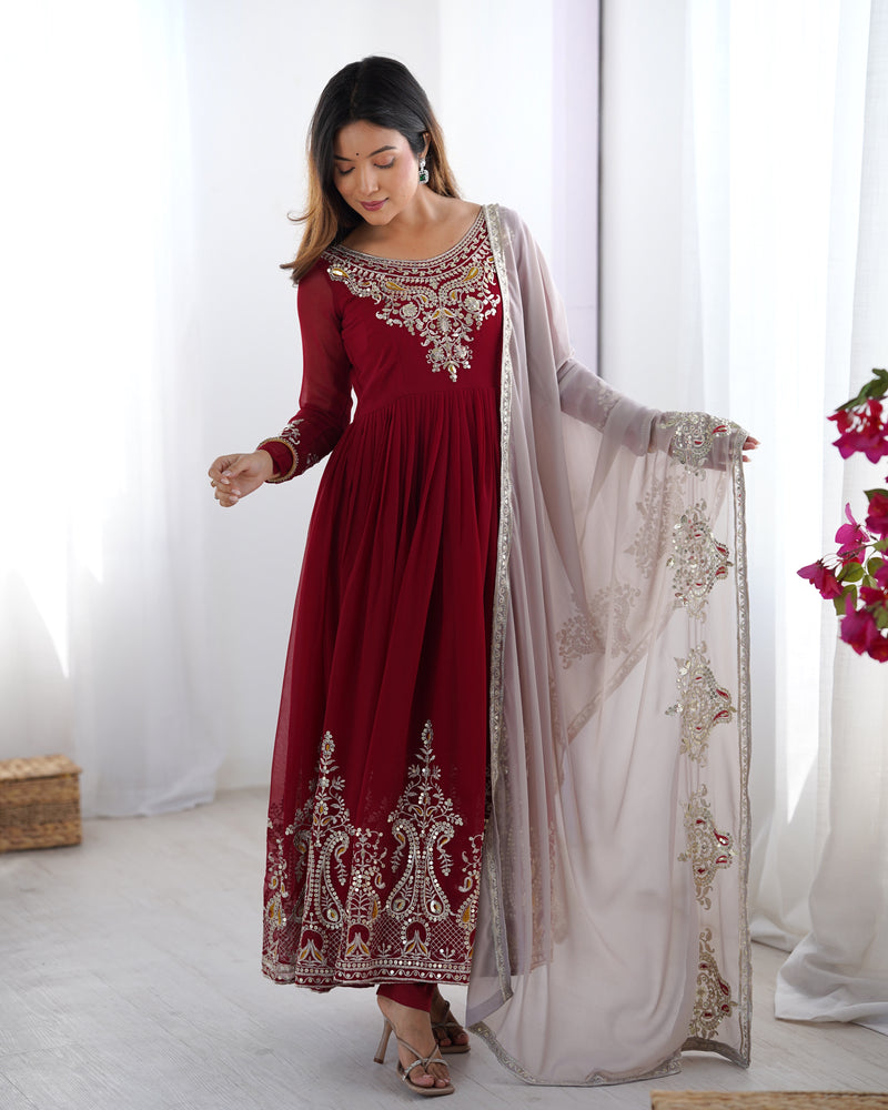 Womenline Red Color Embroidery Anarkali Suit