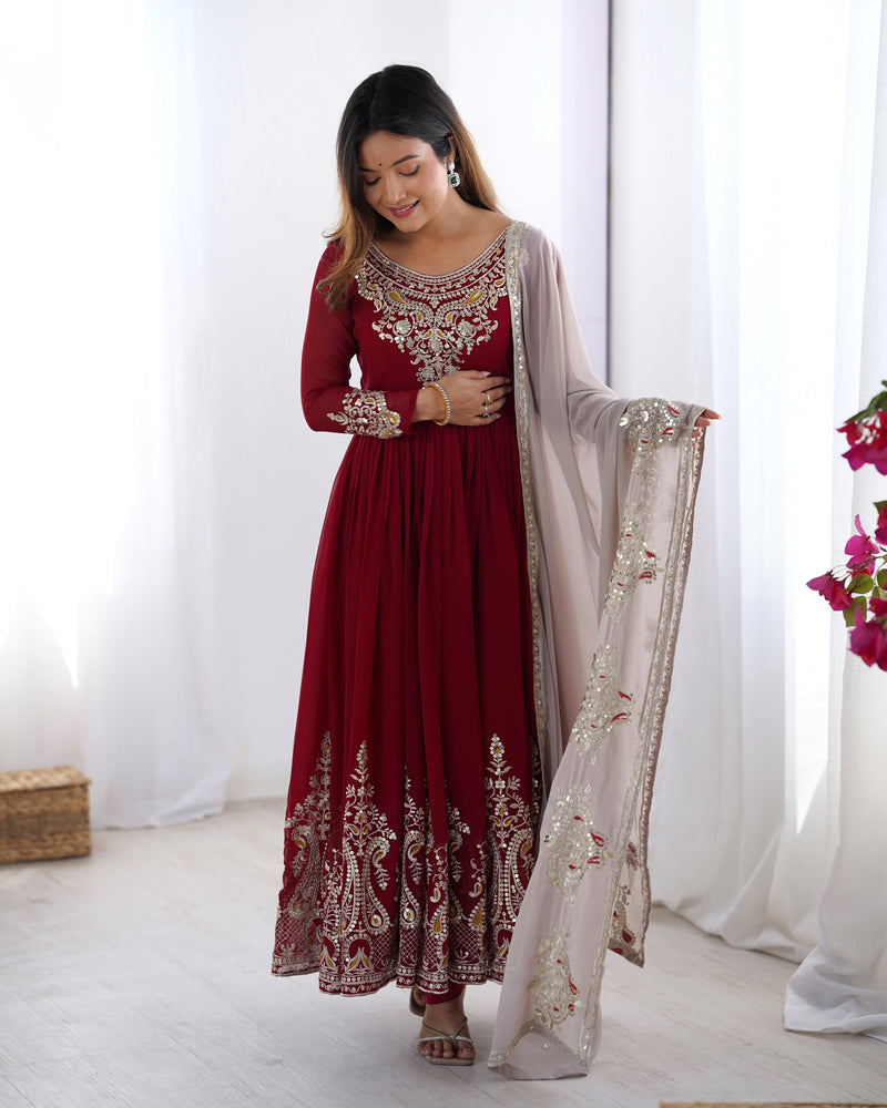 Womenline Red Color Embroidery Anarkali Suit