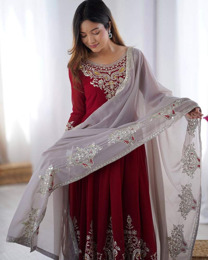 Womenline Red Color Embroidery Anarkali Suit