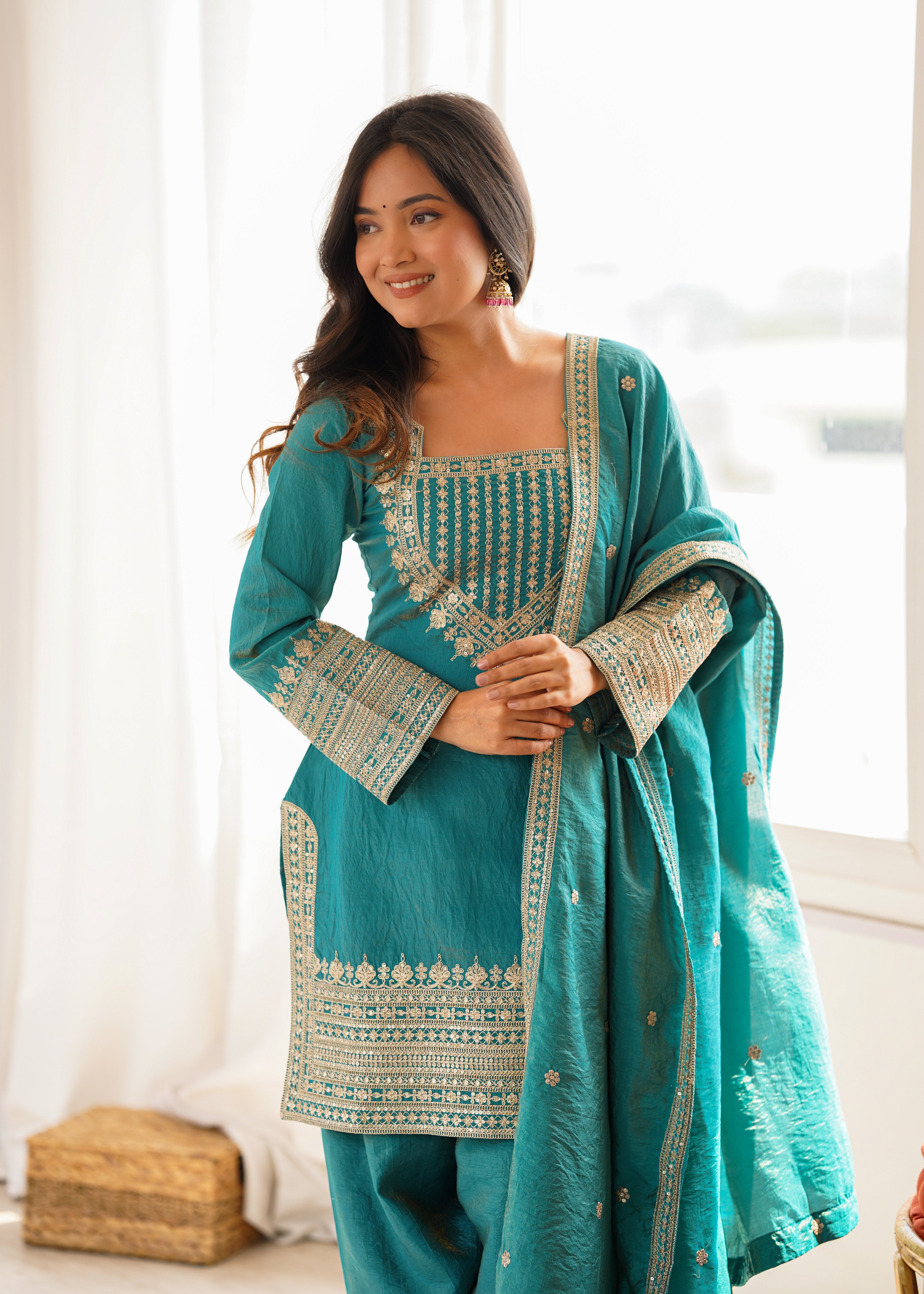 Womenline Teal Blue Embroidered Punjabi Suit Set with Dupatta