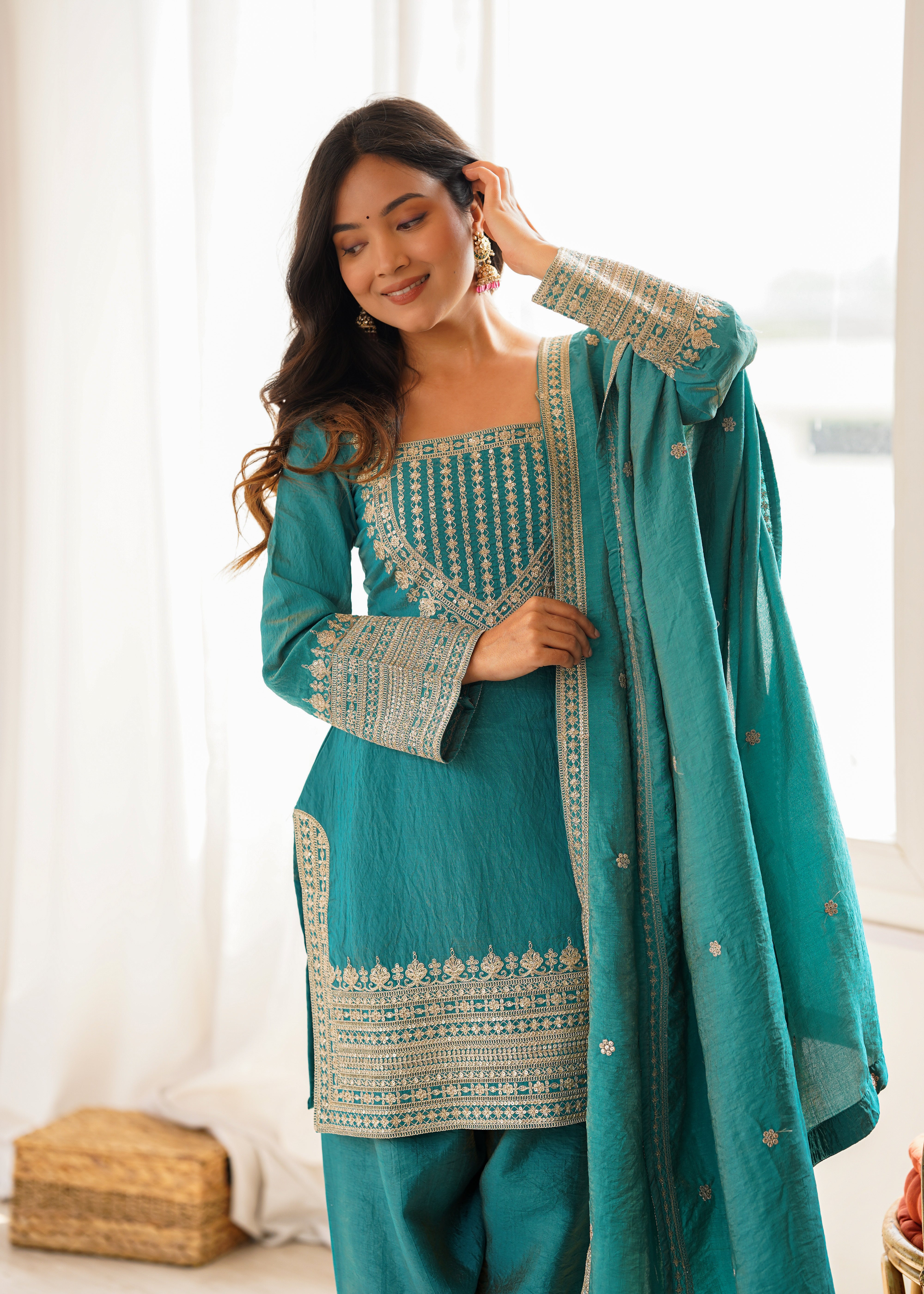 Womenline Teal Blue Embroidered Punjabi Suit Set with Dupatta