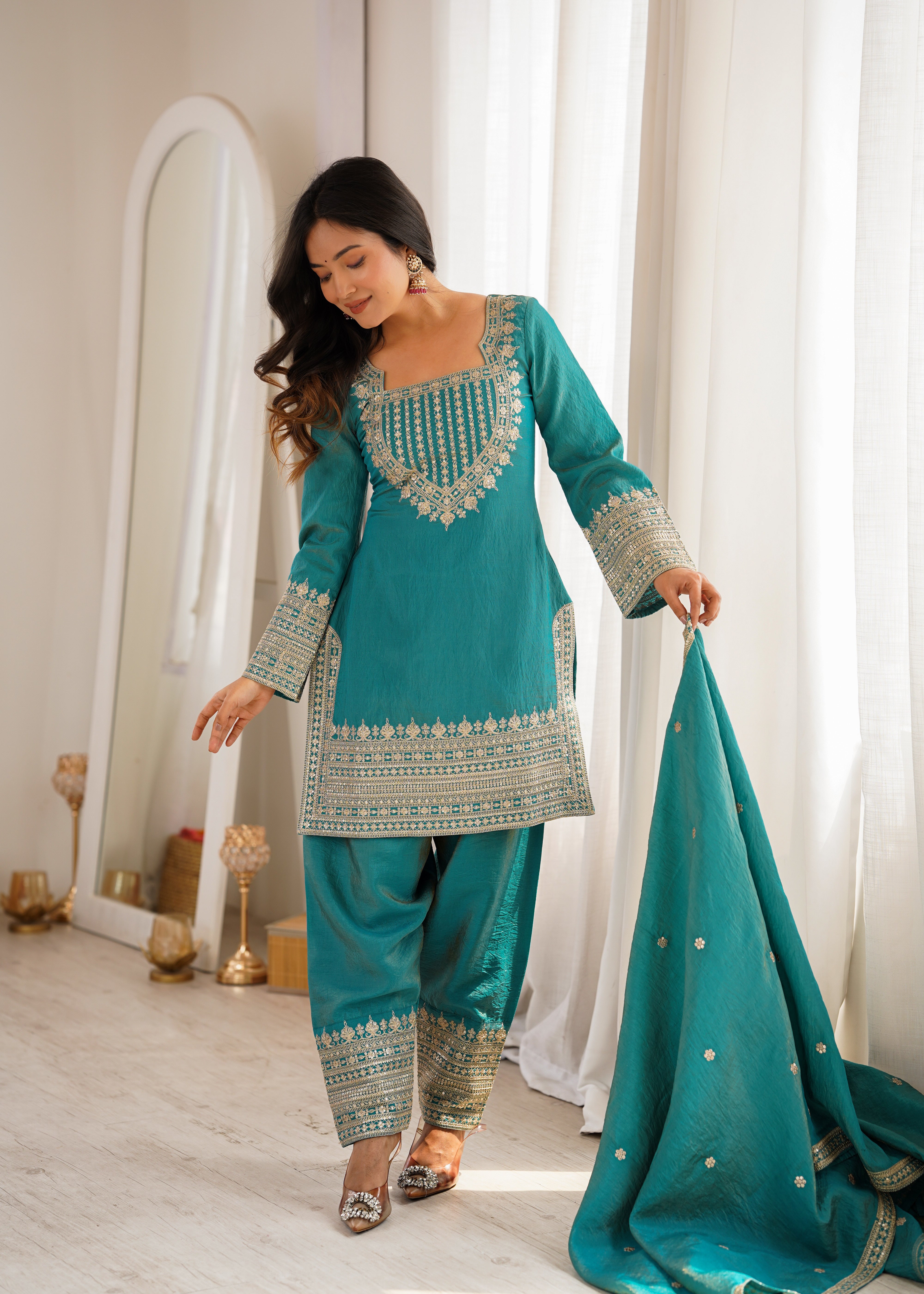 Womenline Teal Blue Embroidered Punjabi Suit Set with Dupatta