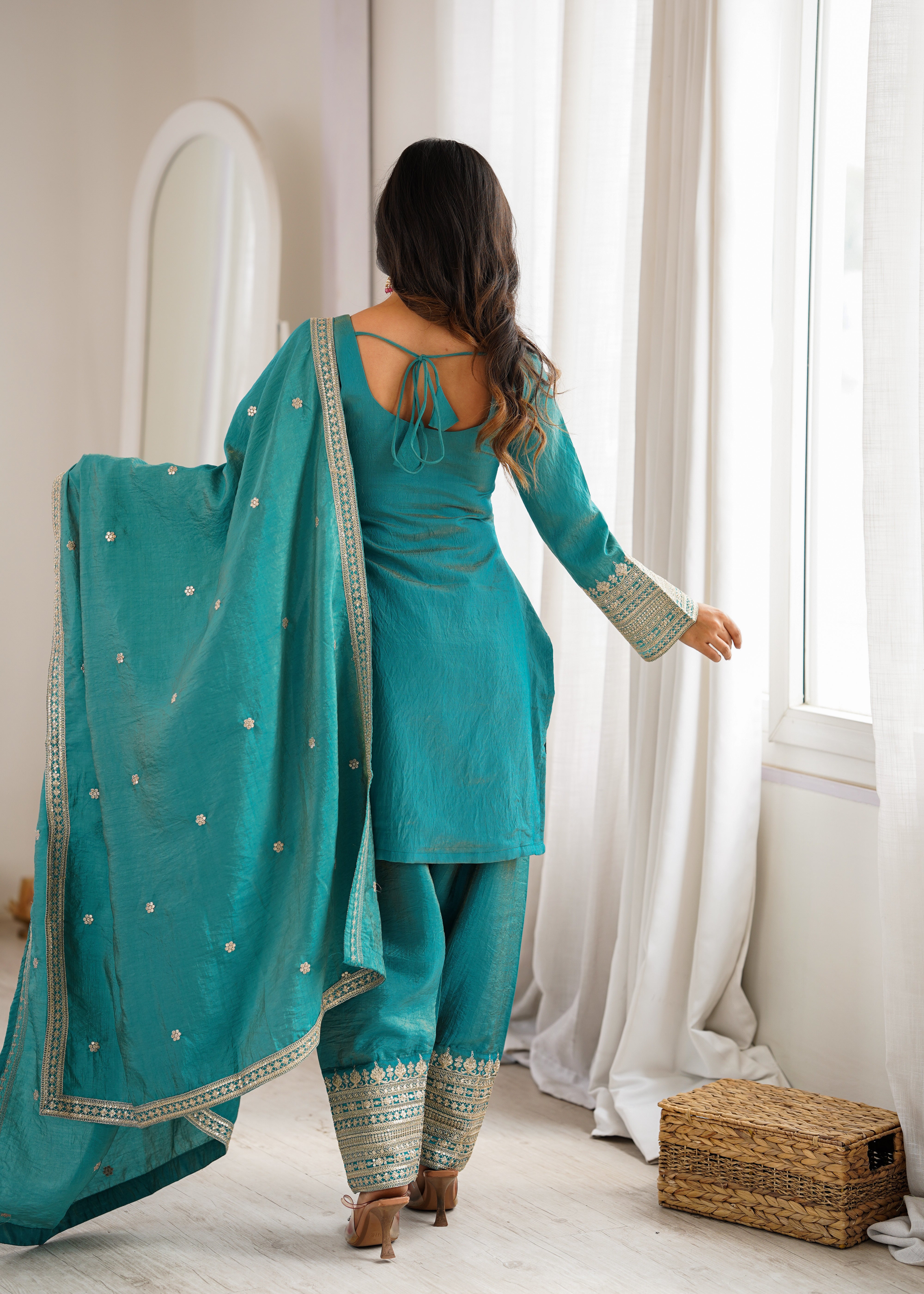 Womenline Teal Blue Embroidered Punjabi Suit Set with Dupatta
