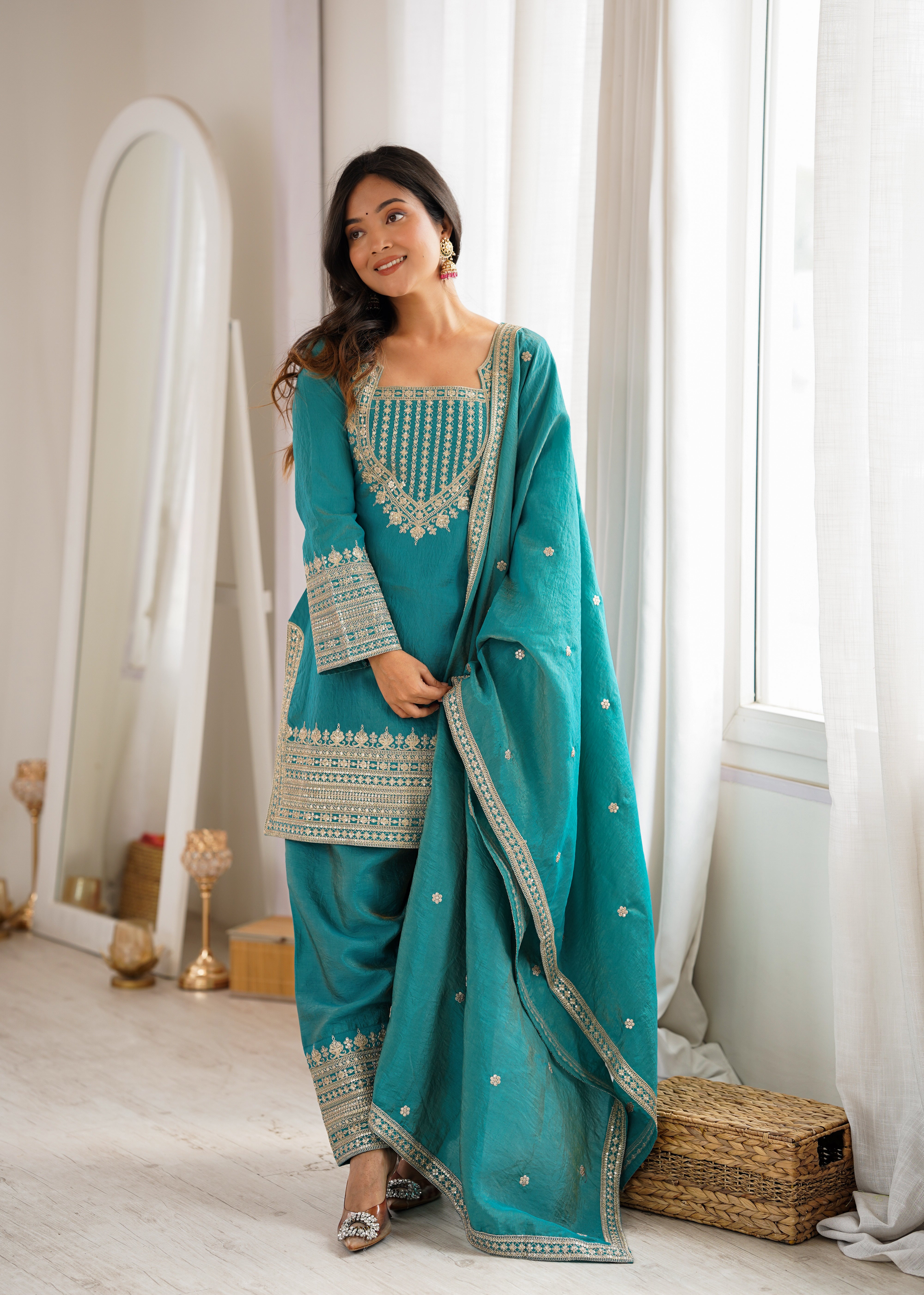 Womenline Teal Blue Embroidered Punjabi Suit Set with Dupatta