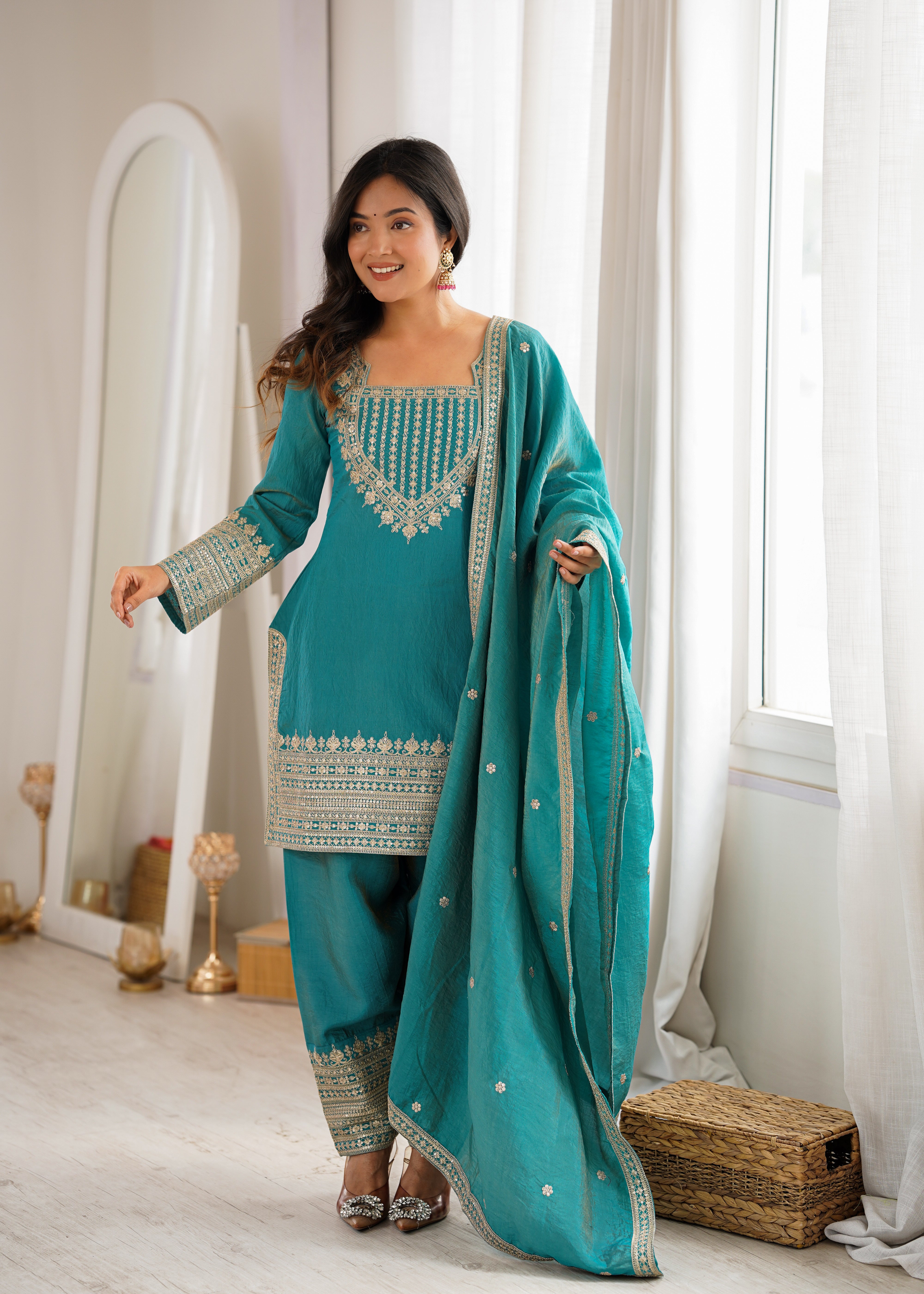 Womenline Teal Blue Embroidered Punjabi Suit Set with Dupatta