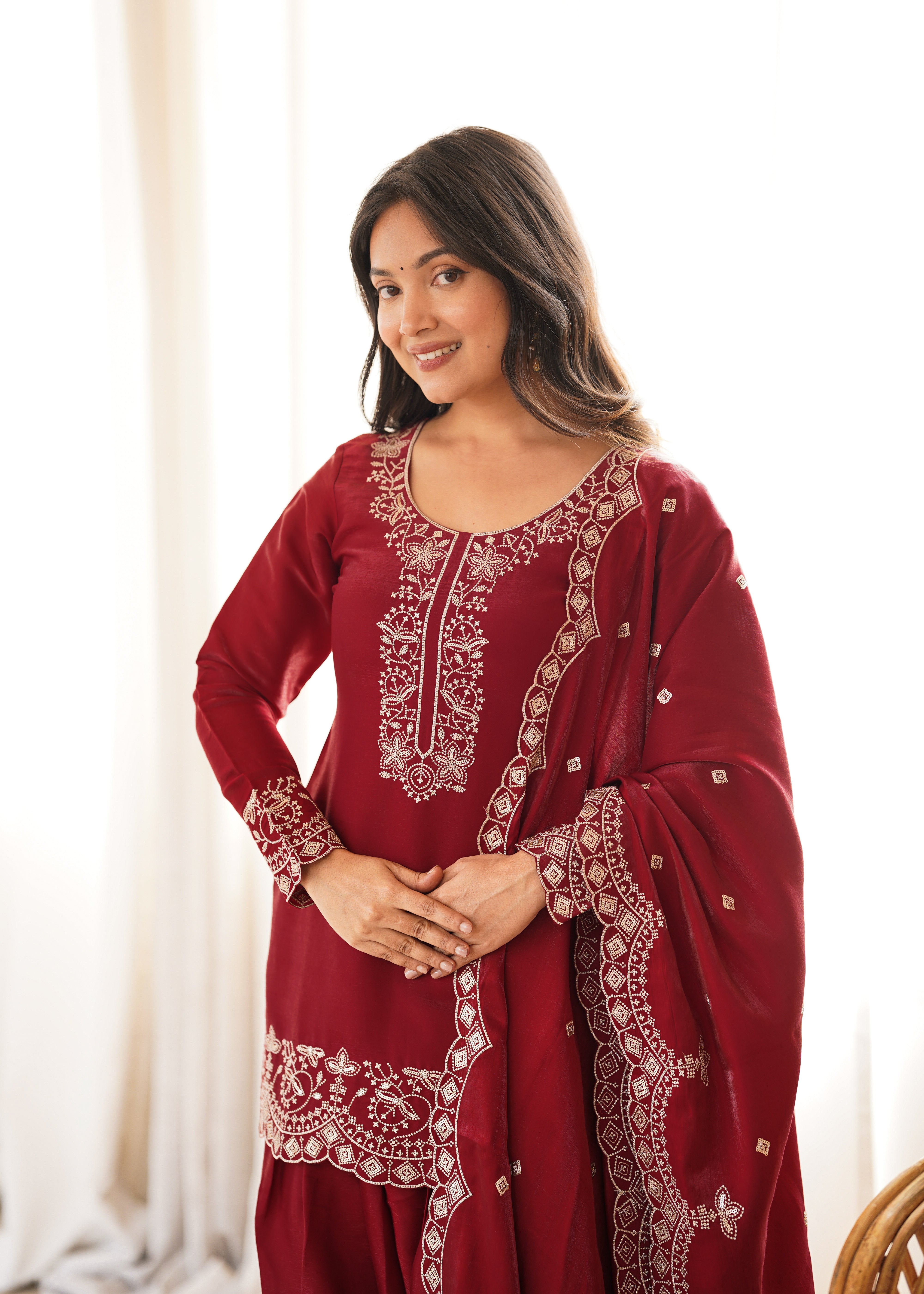 Womenline Maroon Embroidered Straight Kurta Palazzo Set with Dupatta