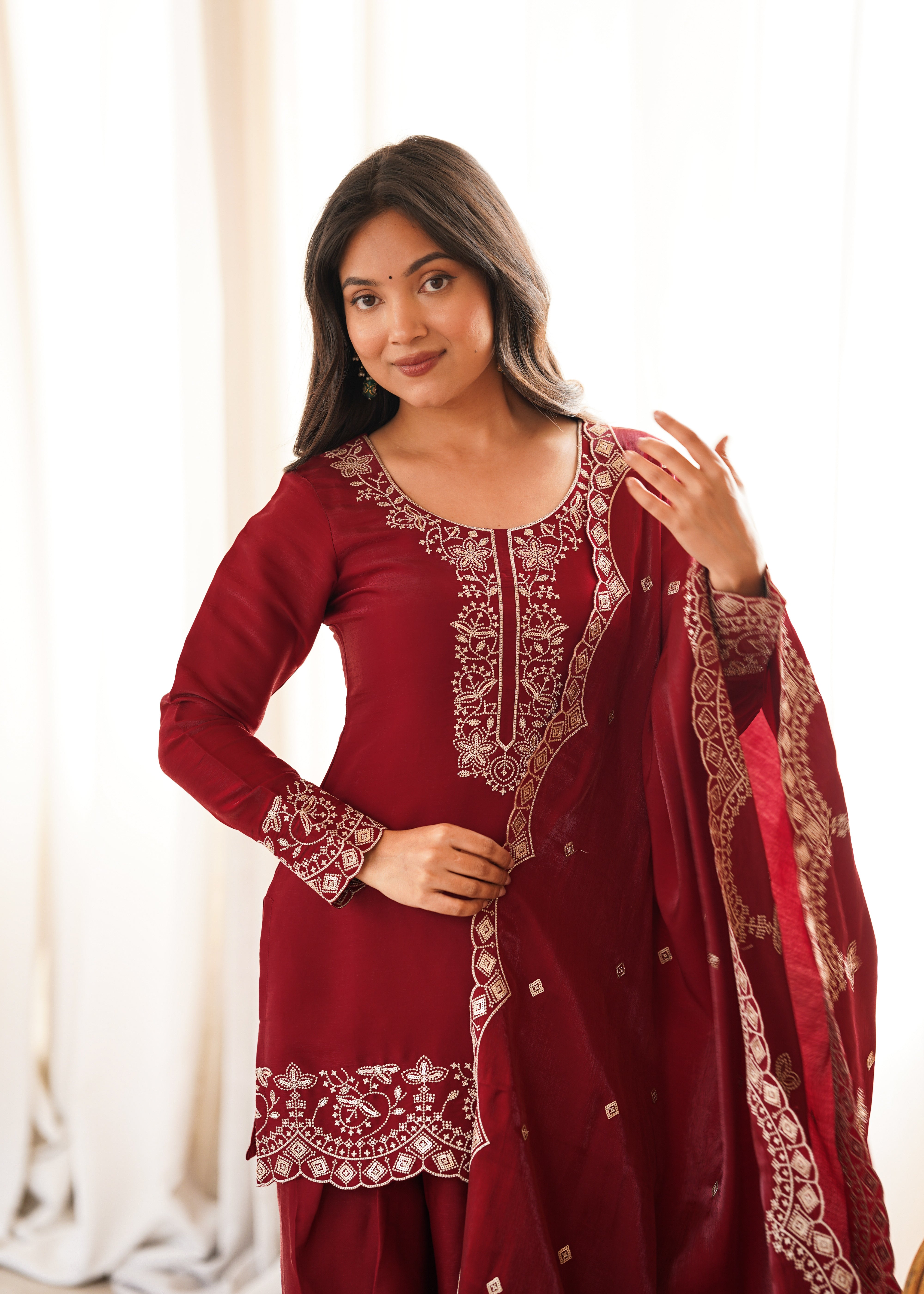 Womenline Maroon Embroidered Straight Kurta Palazzo Set with Dupatta