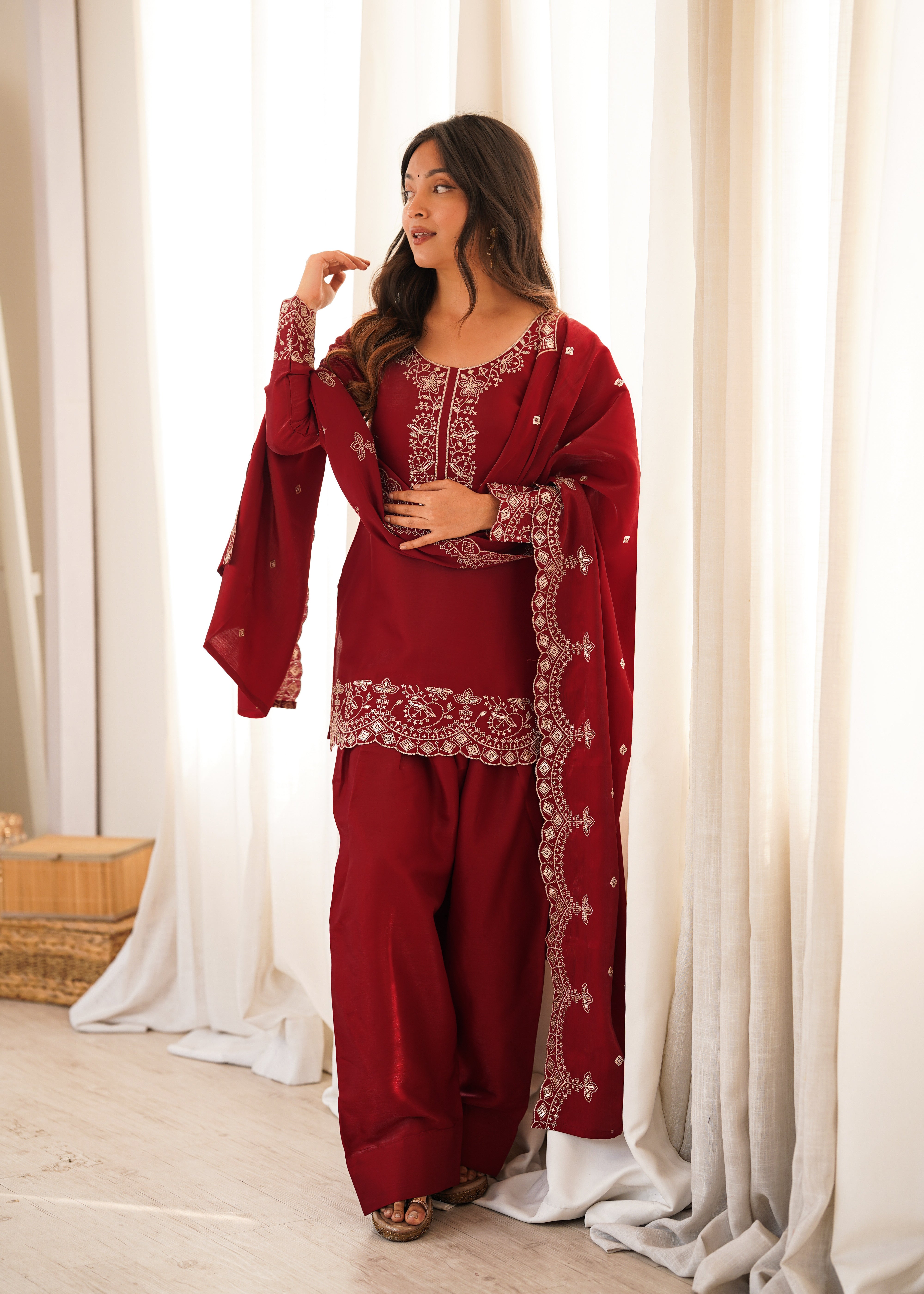 Womenline Maroon Embroidered Straight Kurta Palazzo Set with Dupatta