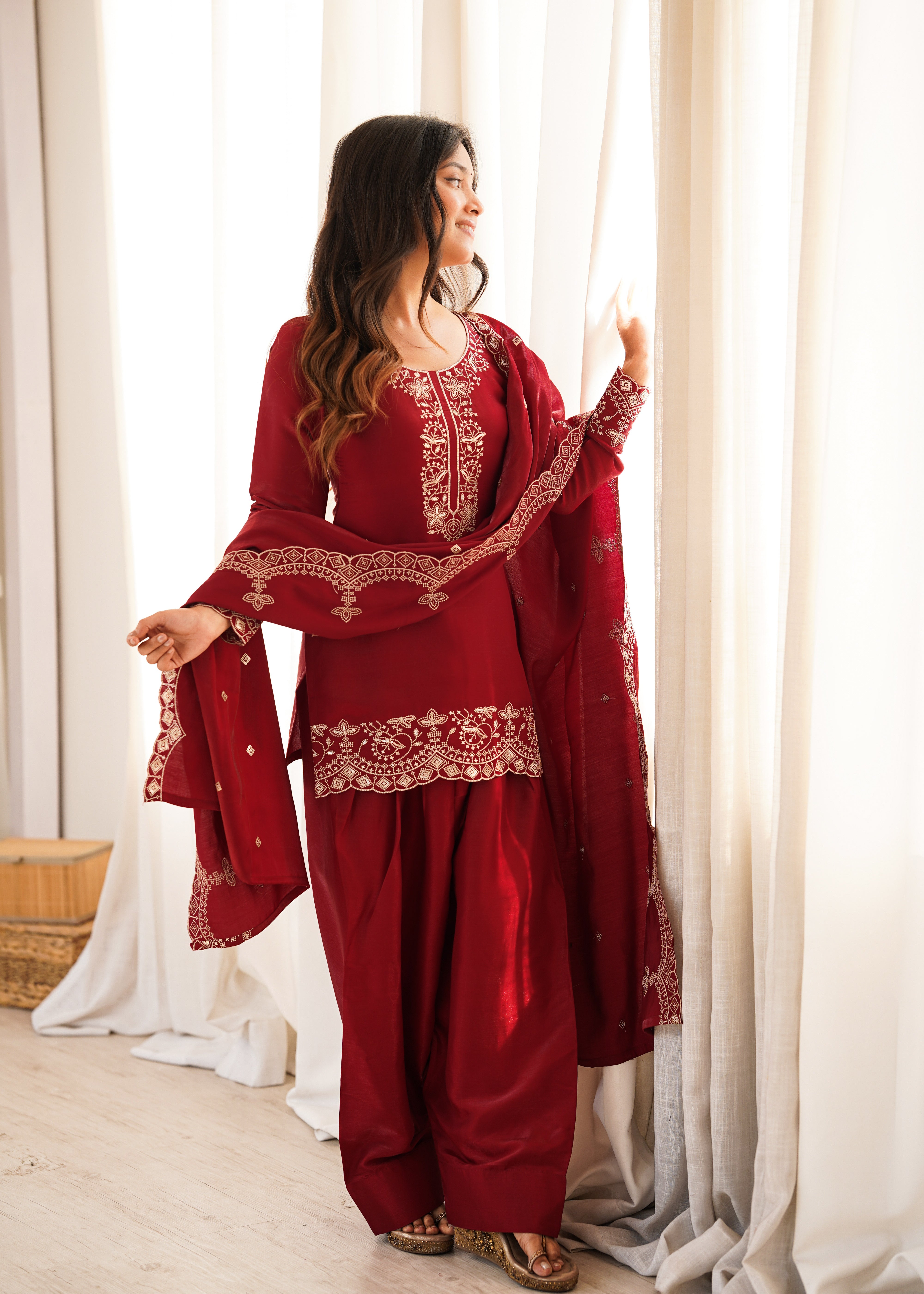Womenline Maroon Embroidered Straight Kurta Palazzo Set with Dupatta