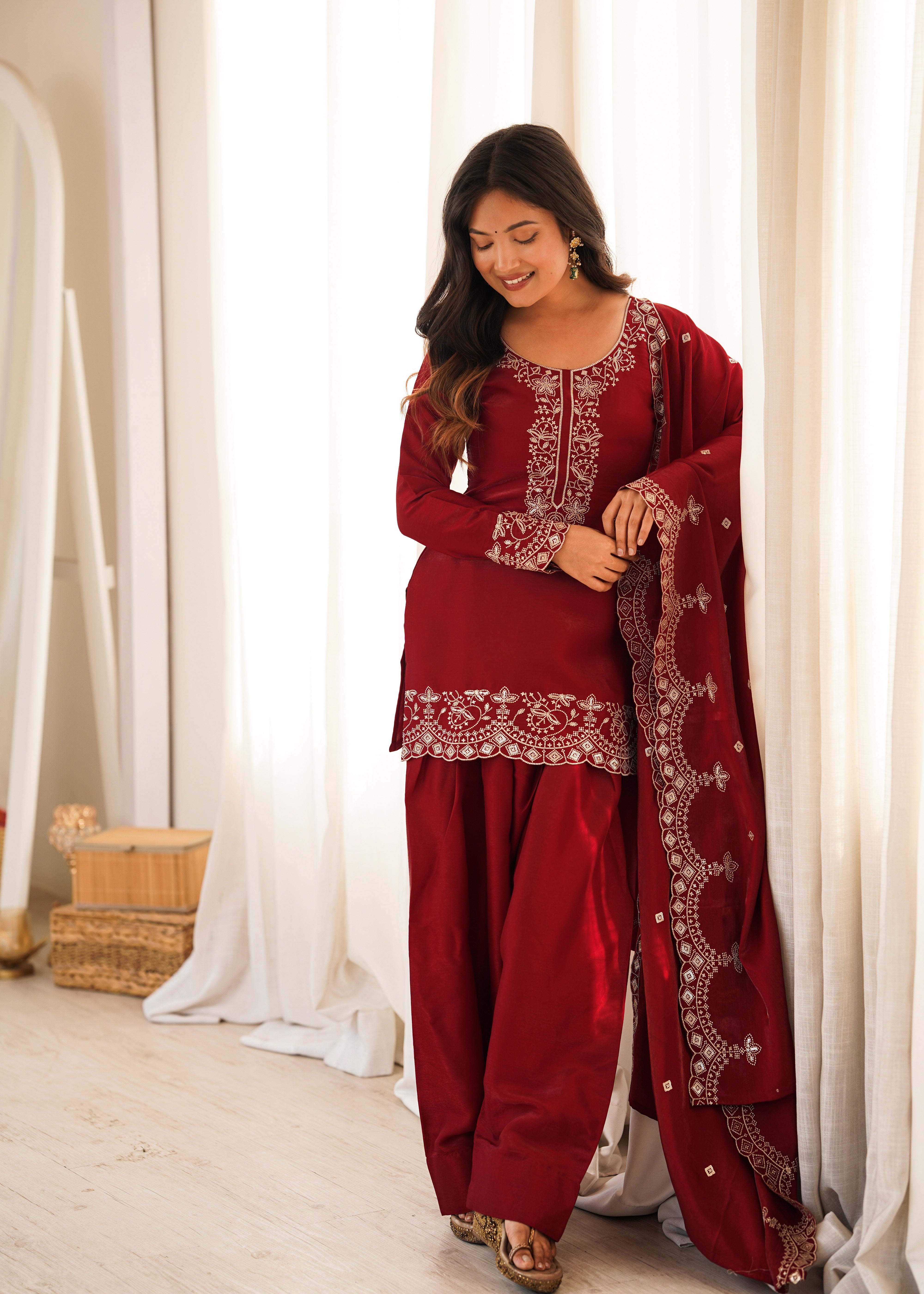Womenline Maroon Embroidered Straight Kurta Palazzo Set with Dupatta