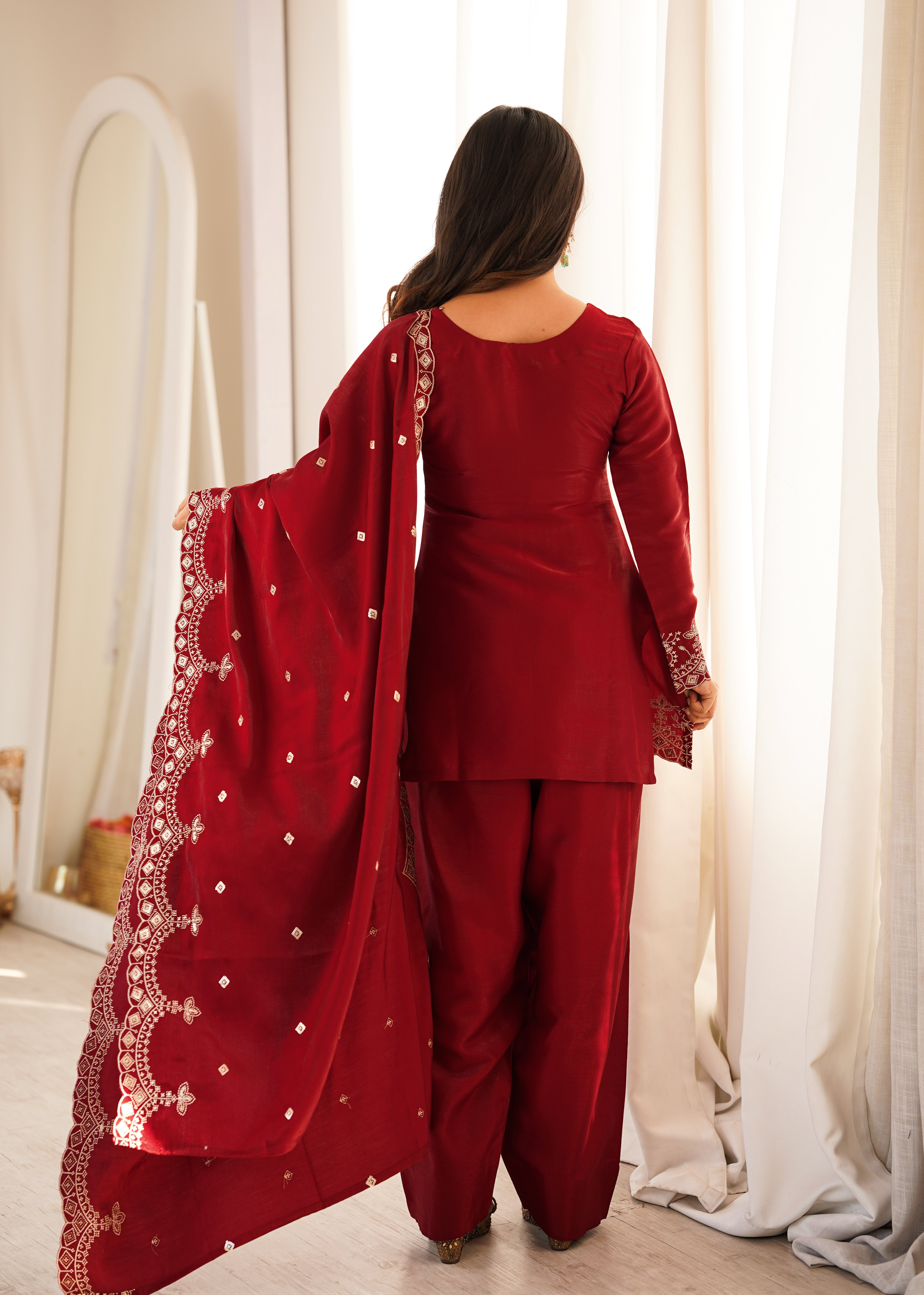 Womenline Maroon Embroidered Straight Kurta Palazzo Set with Dupatta