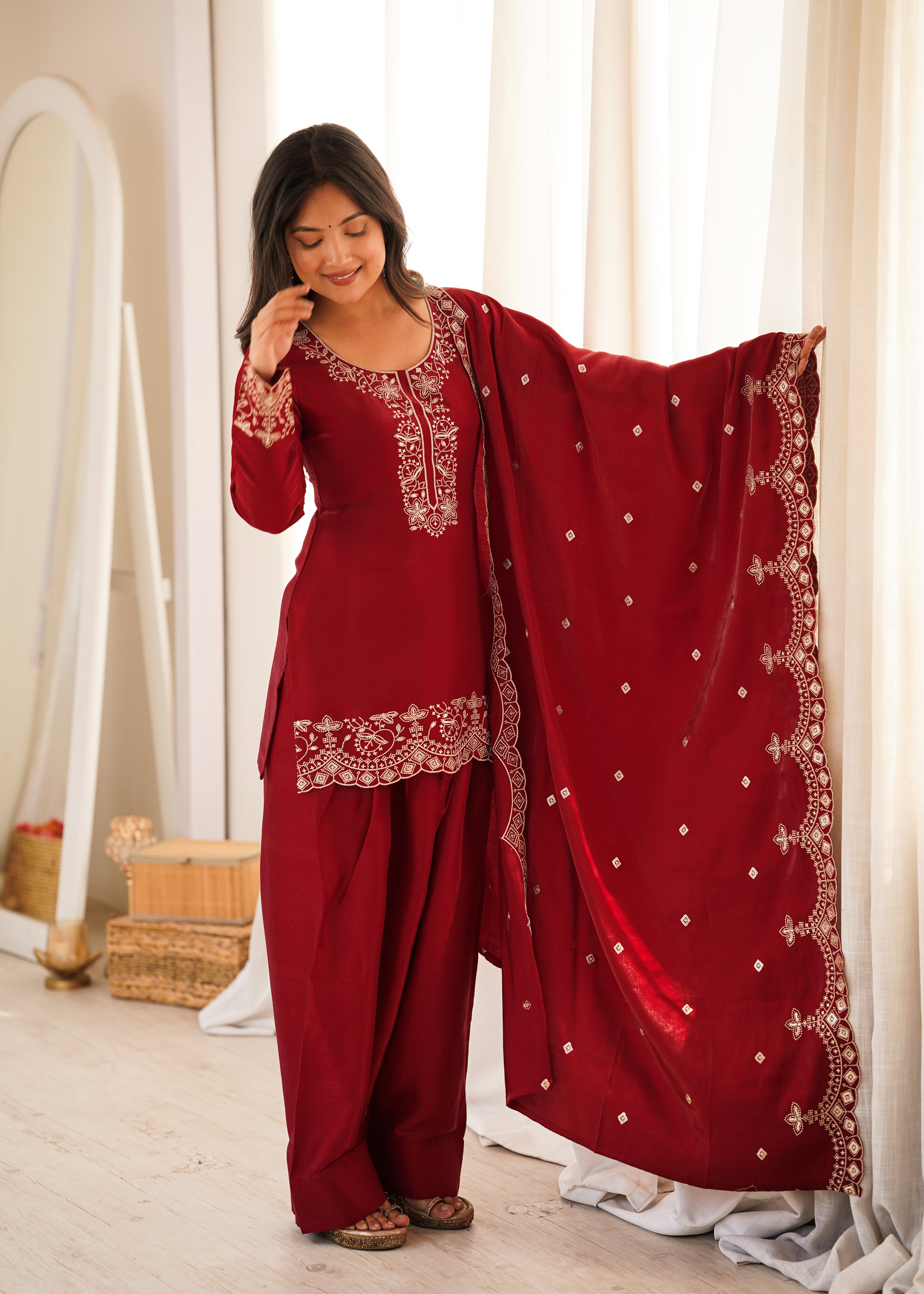Womenline Maroon Embroidered Straight Kurta Palazzo Set with Dupatta