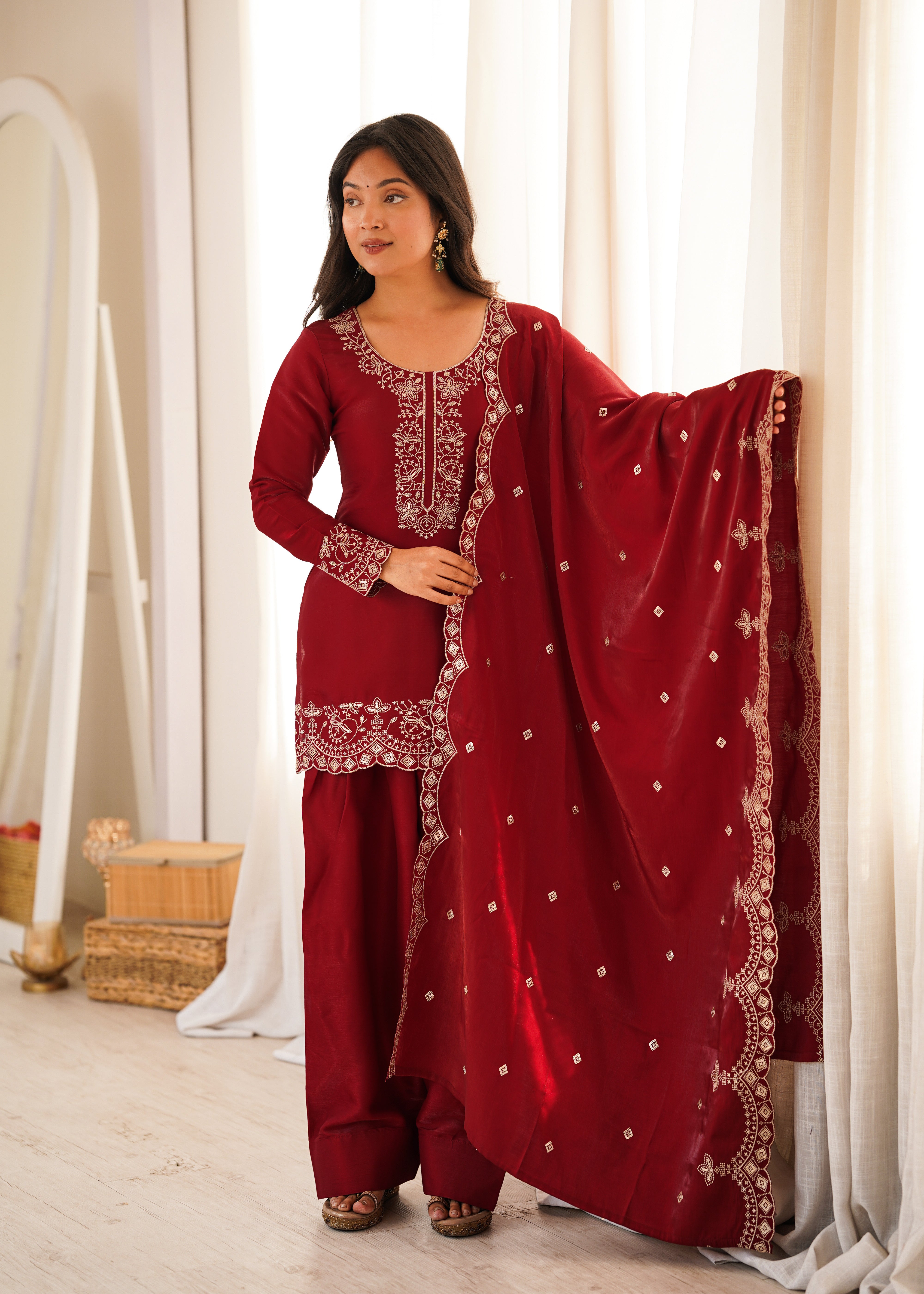 Womenline Maroon Embroidered Straight Kurta Palazzo Set with Dupatta
