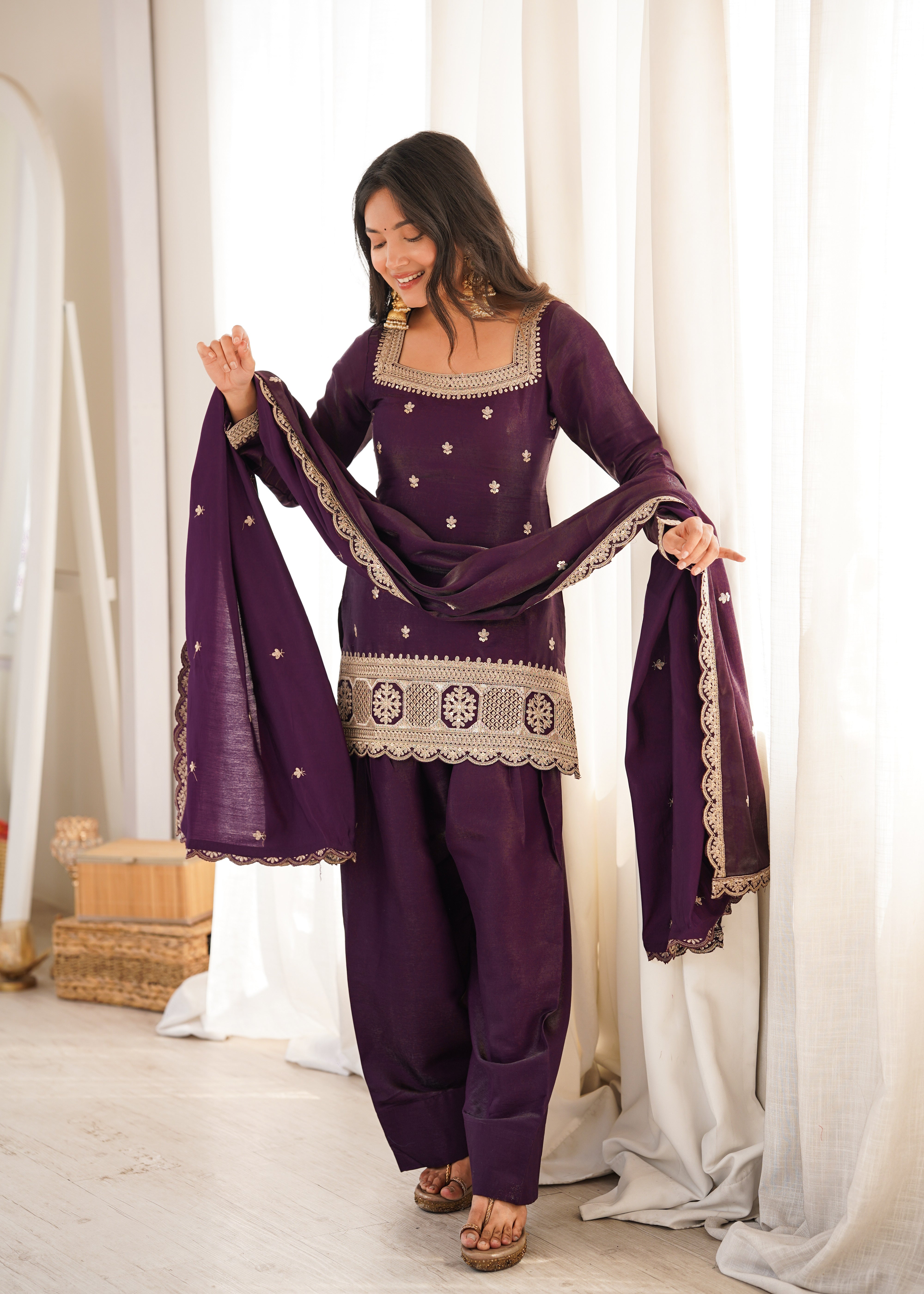 Womenline Royal Purple Embroidered Punjabi Suit Set with Dupatta