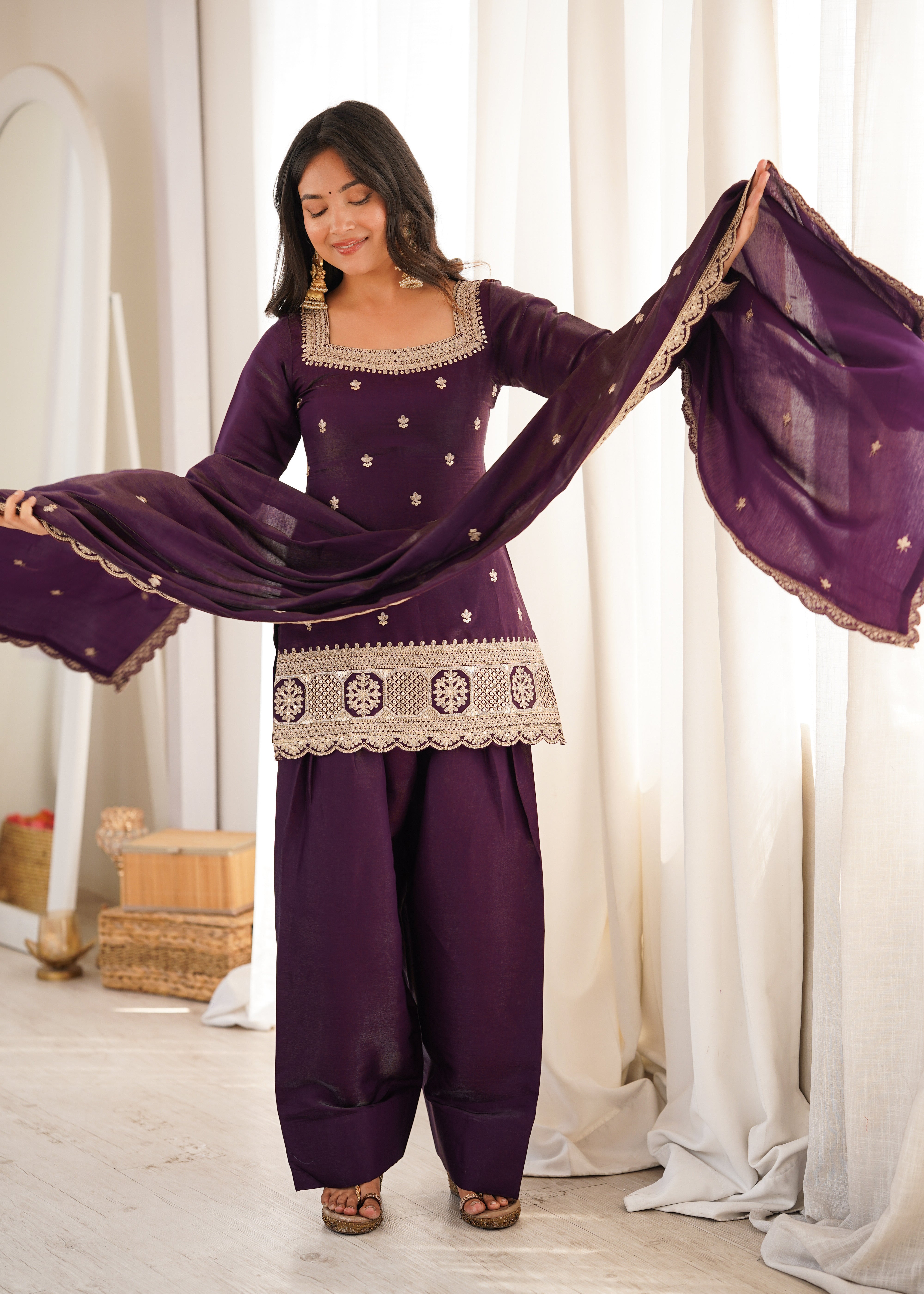Womenline Royal Purple Embroidered Punjabi Suit Set with Dupatta