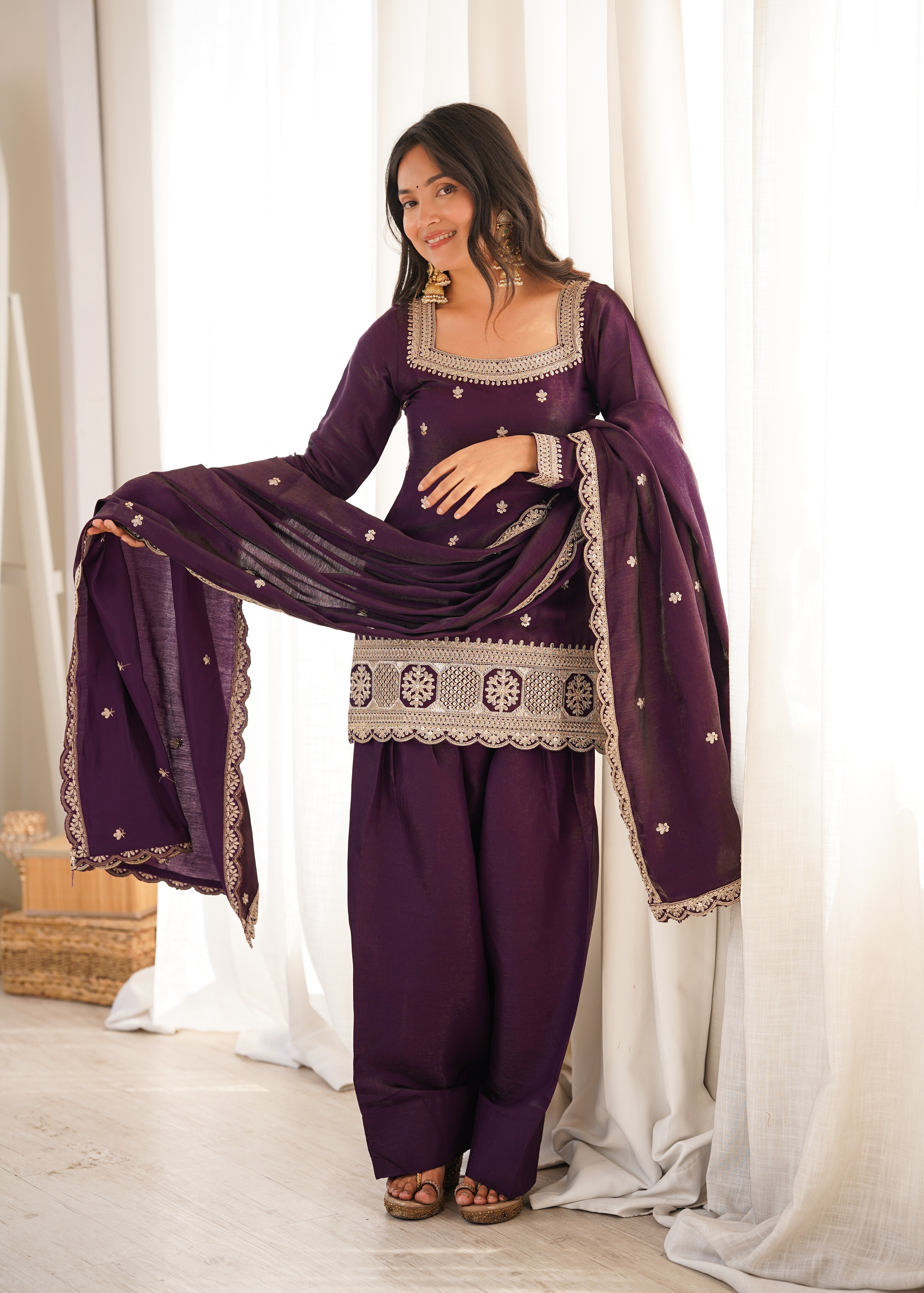 Womenline Royal Purple Embroidered Punjabi Suit Set with Dupatta