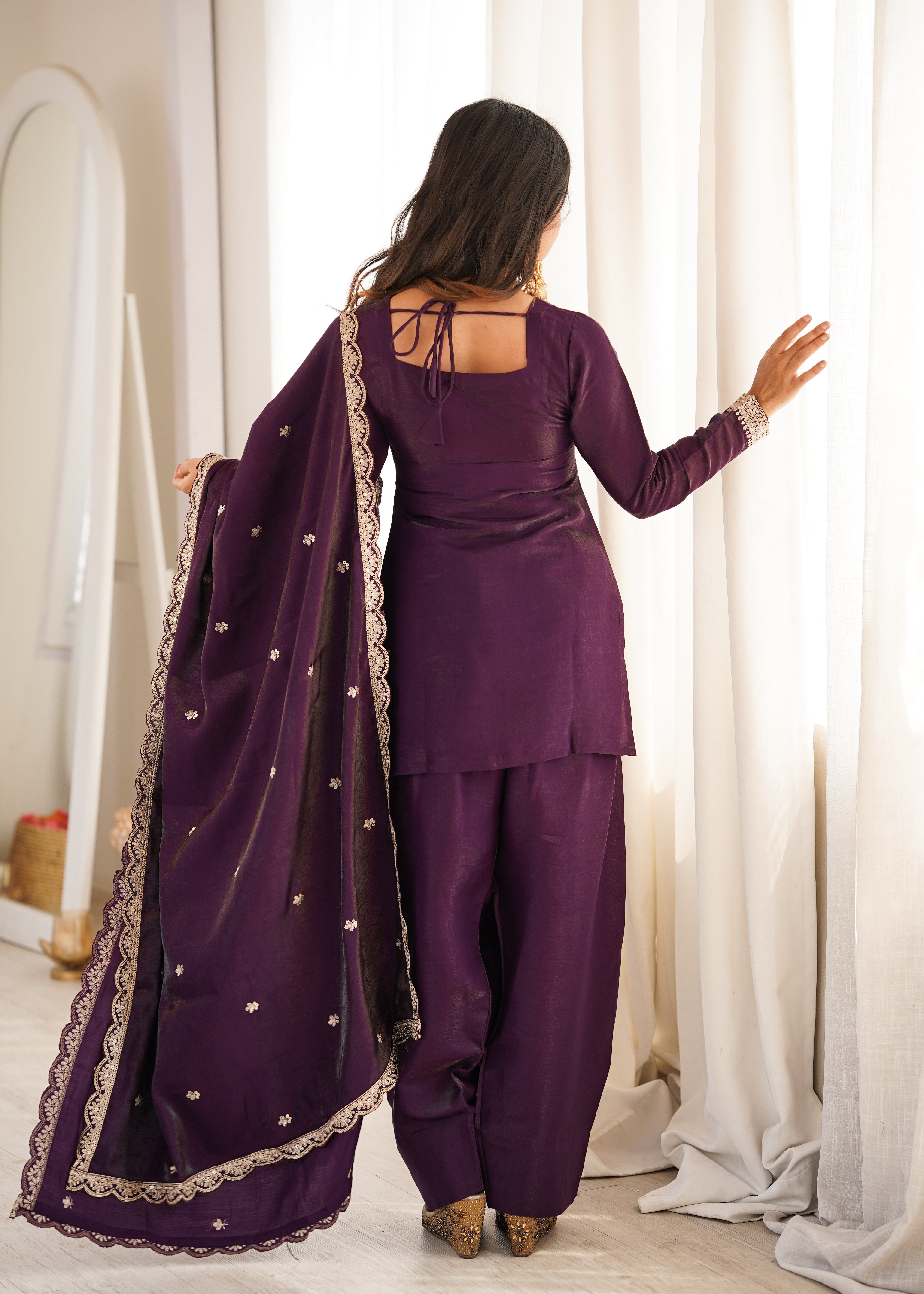 Womenline Royal Purple Embroidered Punjabi Suit Set with Dupatta