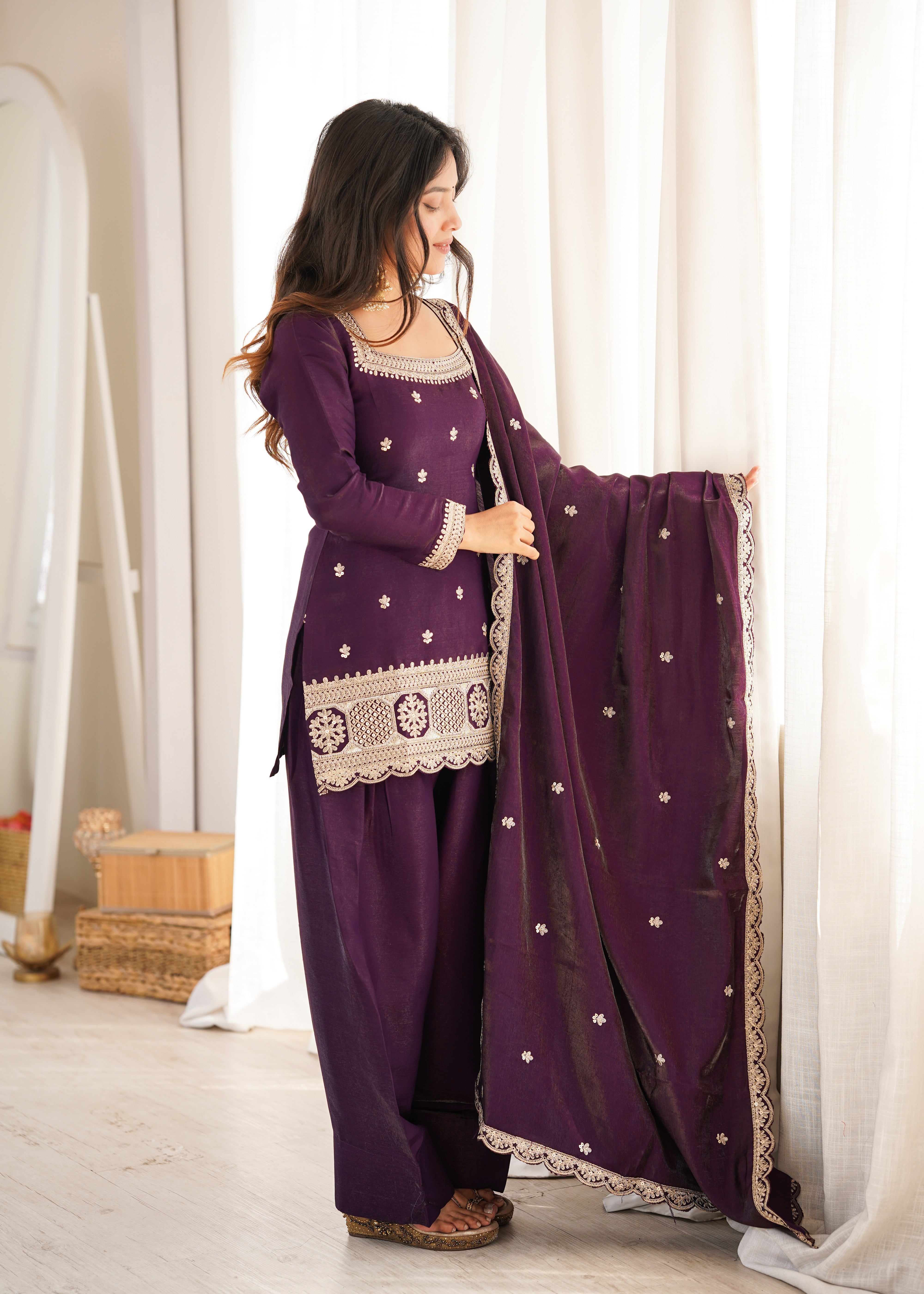 Womenline Royal Purple Embroidered Punjabi Suit Set with Dupatta