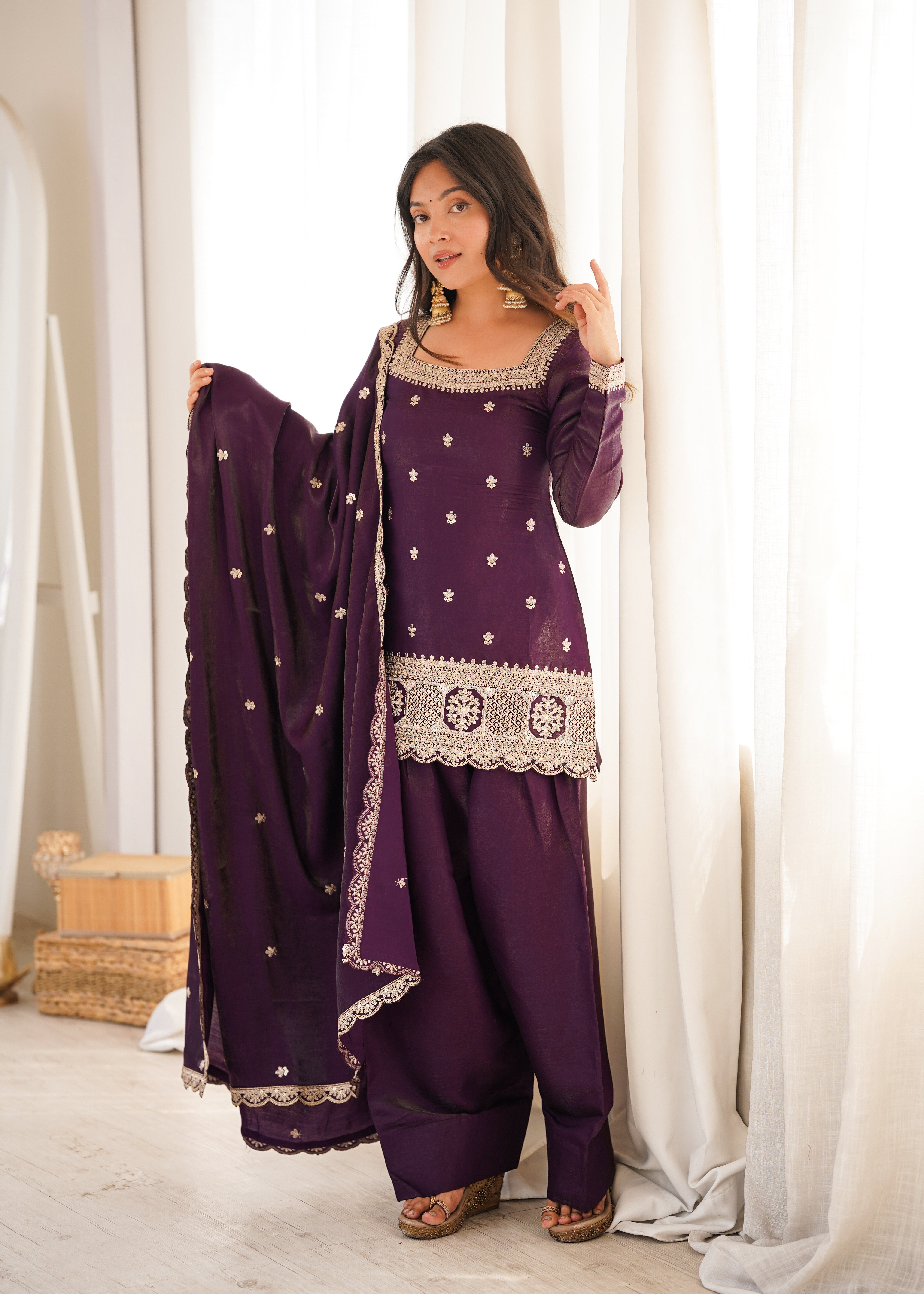 Womenline Royal Purple Embroidered Punjabi Suit Set with Dupatta