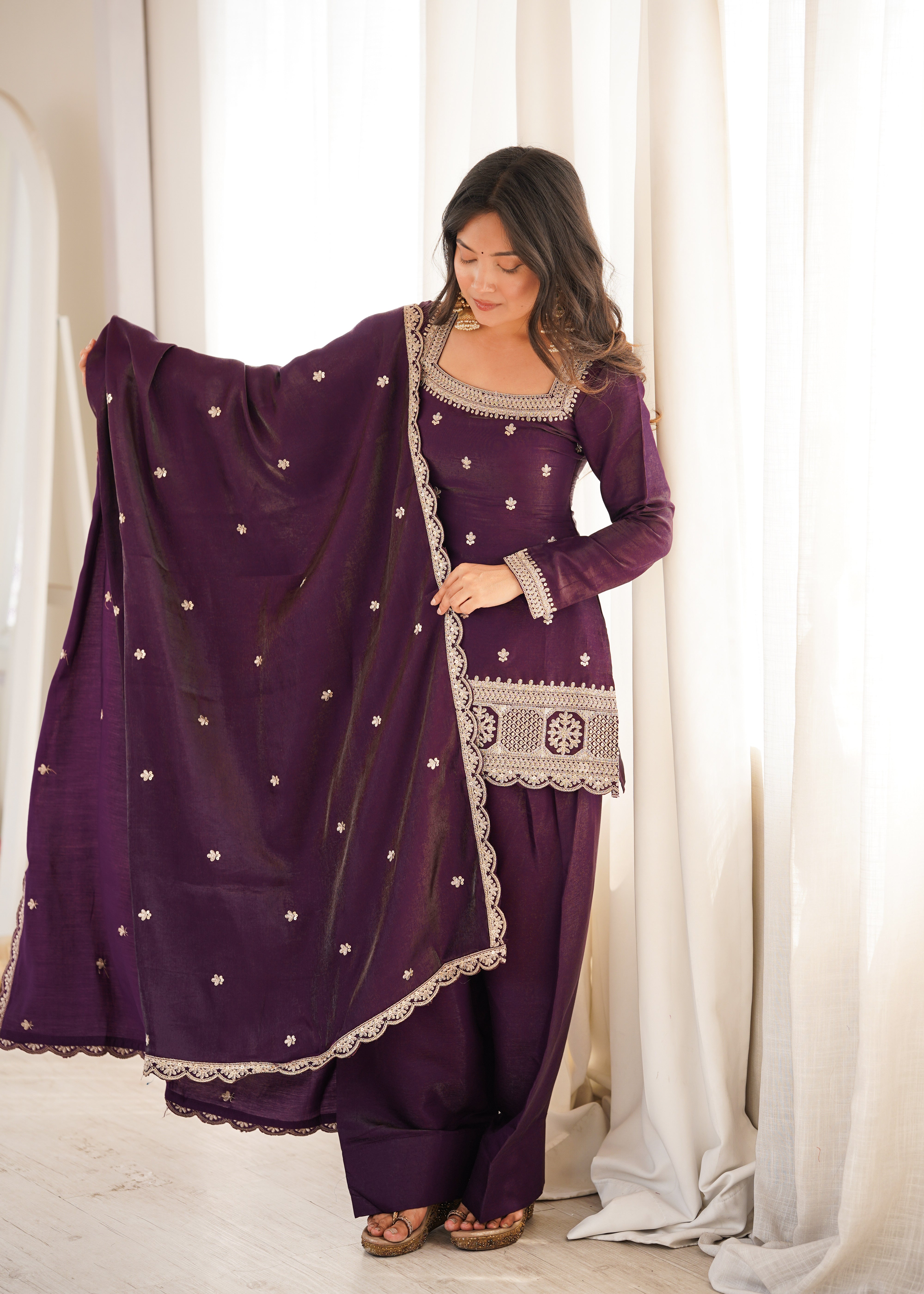 Womenline Royal Purple Embroidered Punjabi Suit Set with Dupatta