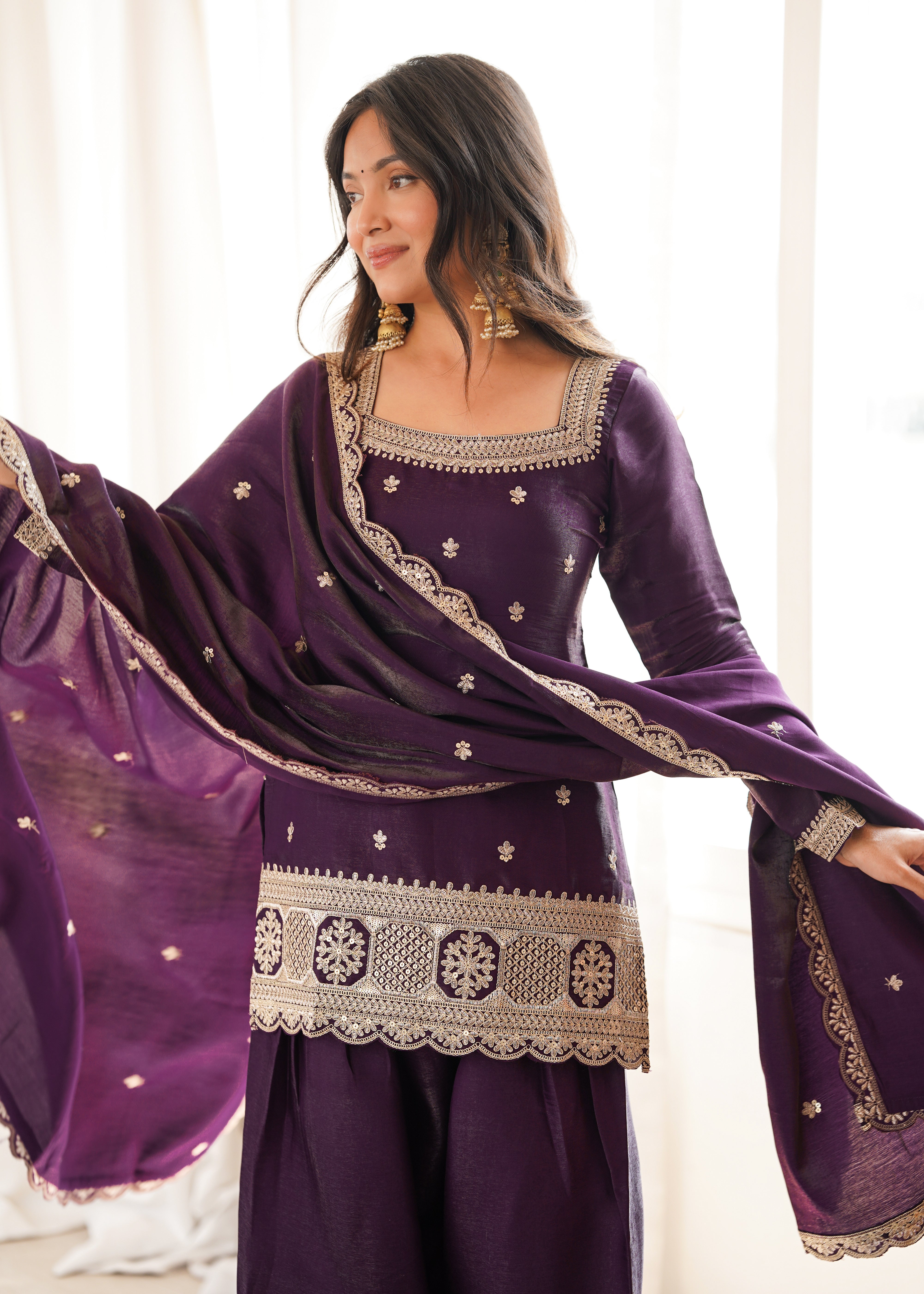 Womenline Royal Purple Embroidered Punjabi Suit Set with Dupatta
