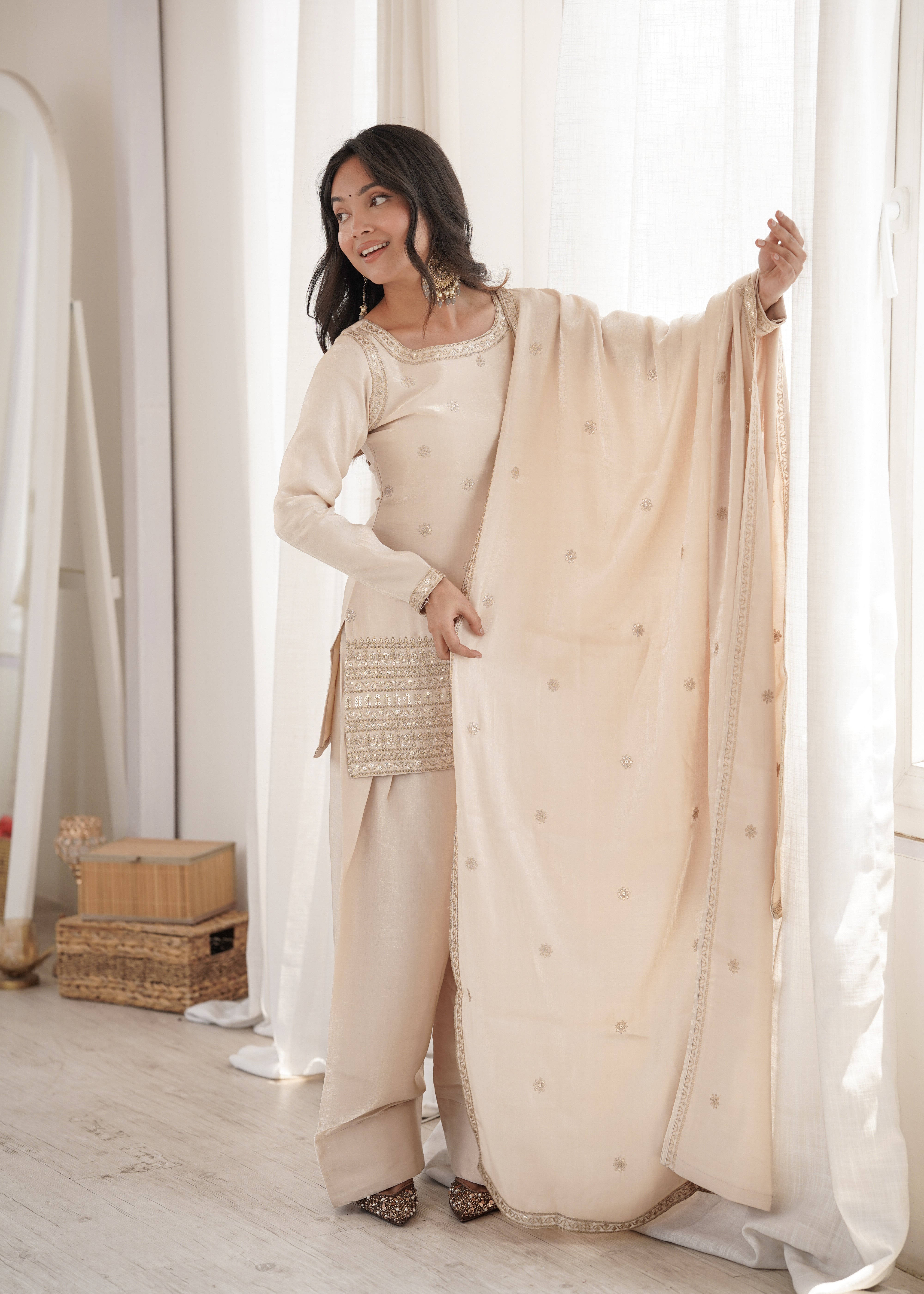 Womenline Ivory Cream Embroidered Punjabi Suit Set with Dupatta