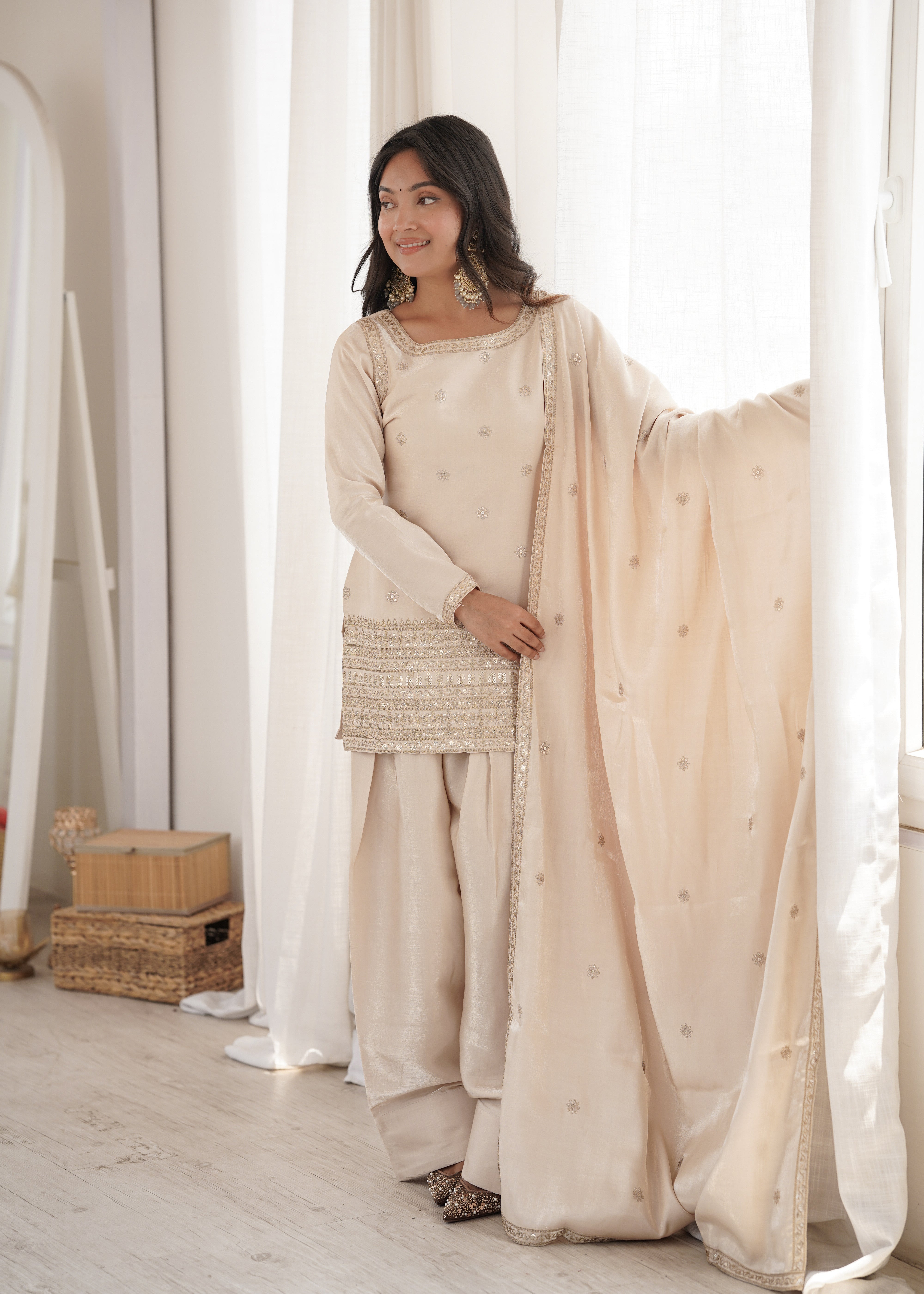 Womenline Ivory Cream Embroidered Punjabi Suit Set with Dupatta