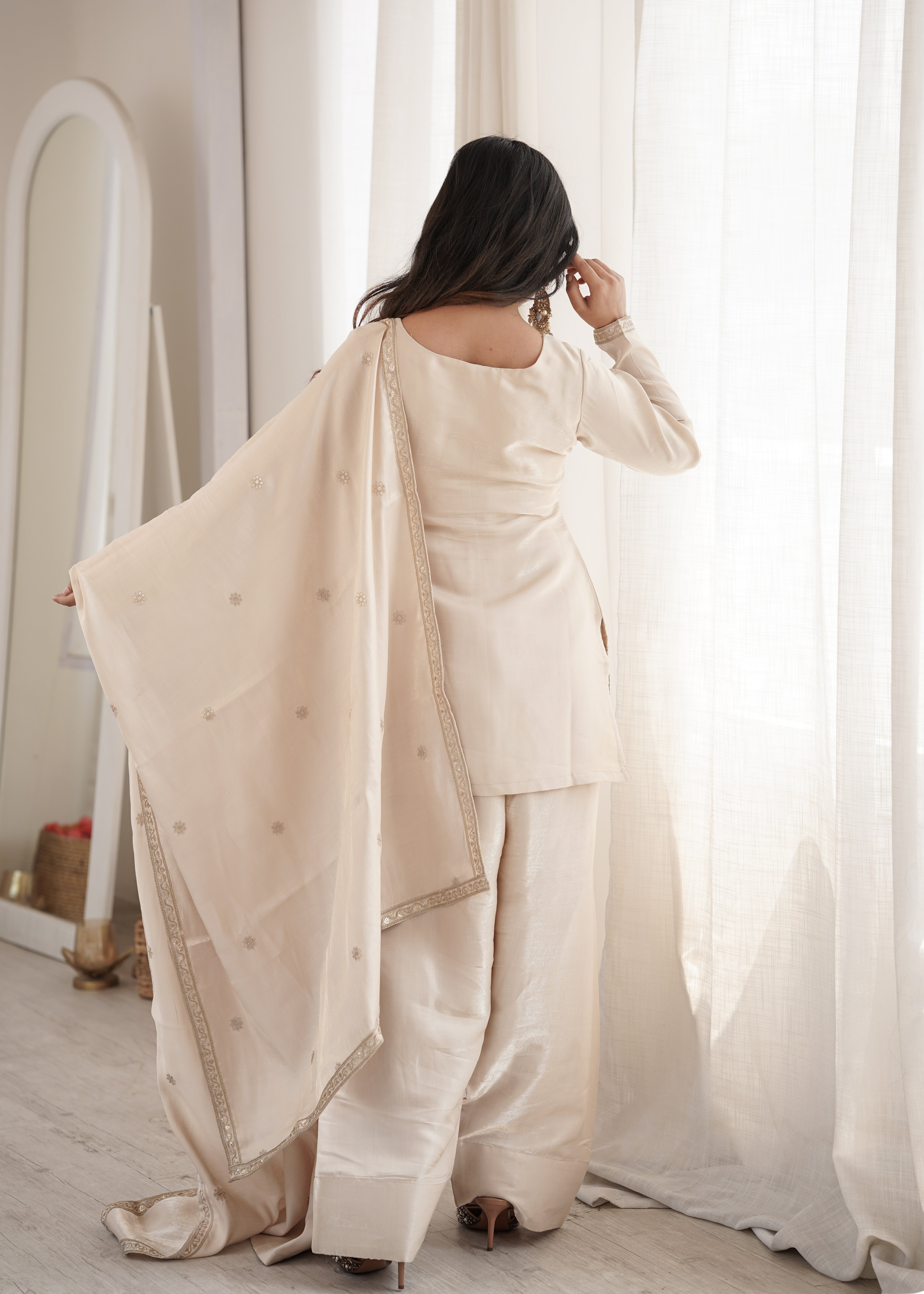 Womenline Ivory Cream Embroidered Punjabi Suit Set with Dupatta