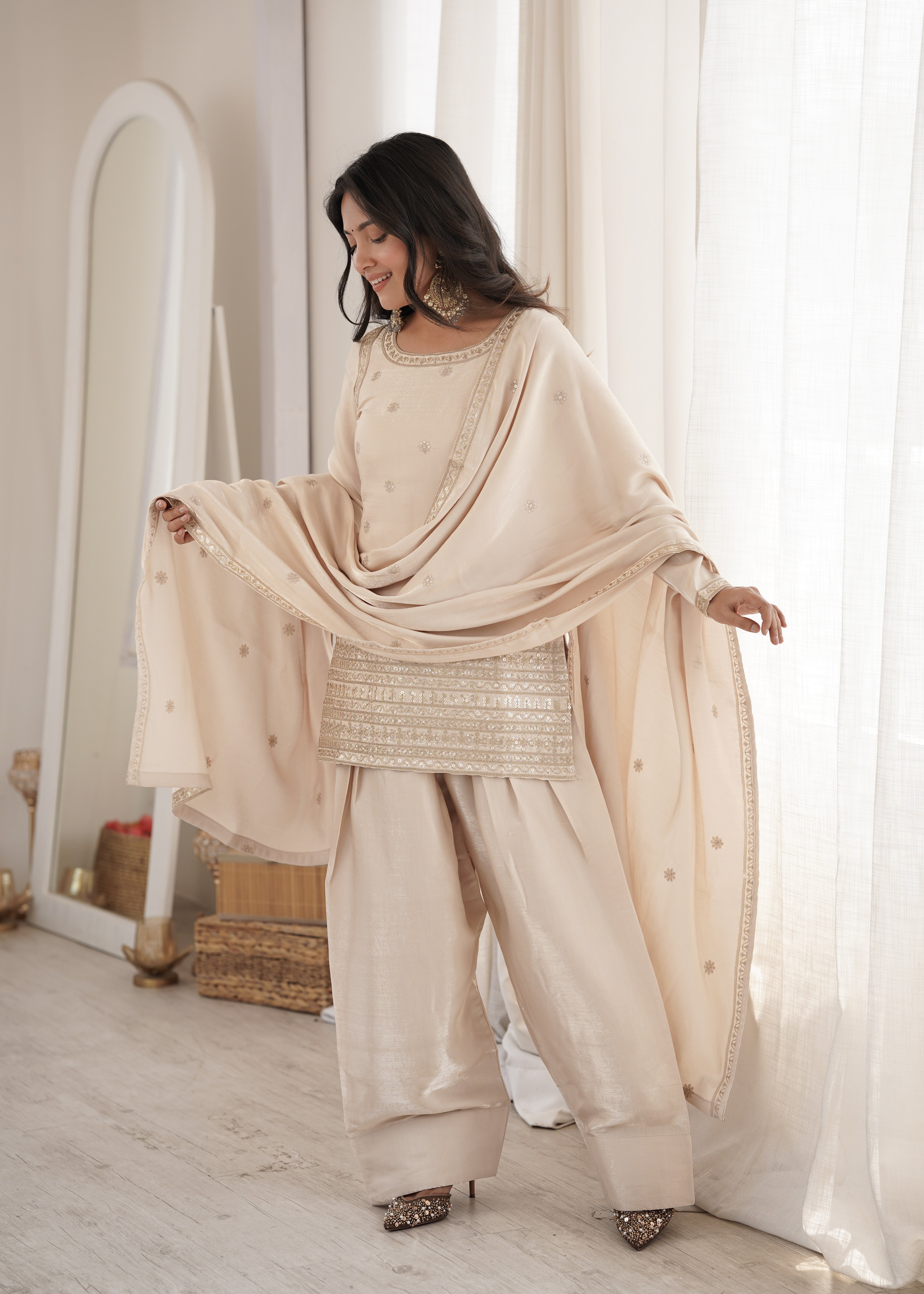 Womenline Ivory Cream Embroidered Punjabi Suit Set with Dupatta
