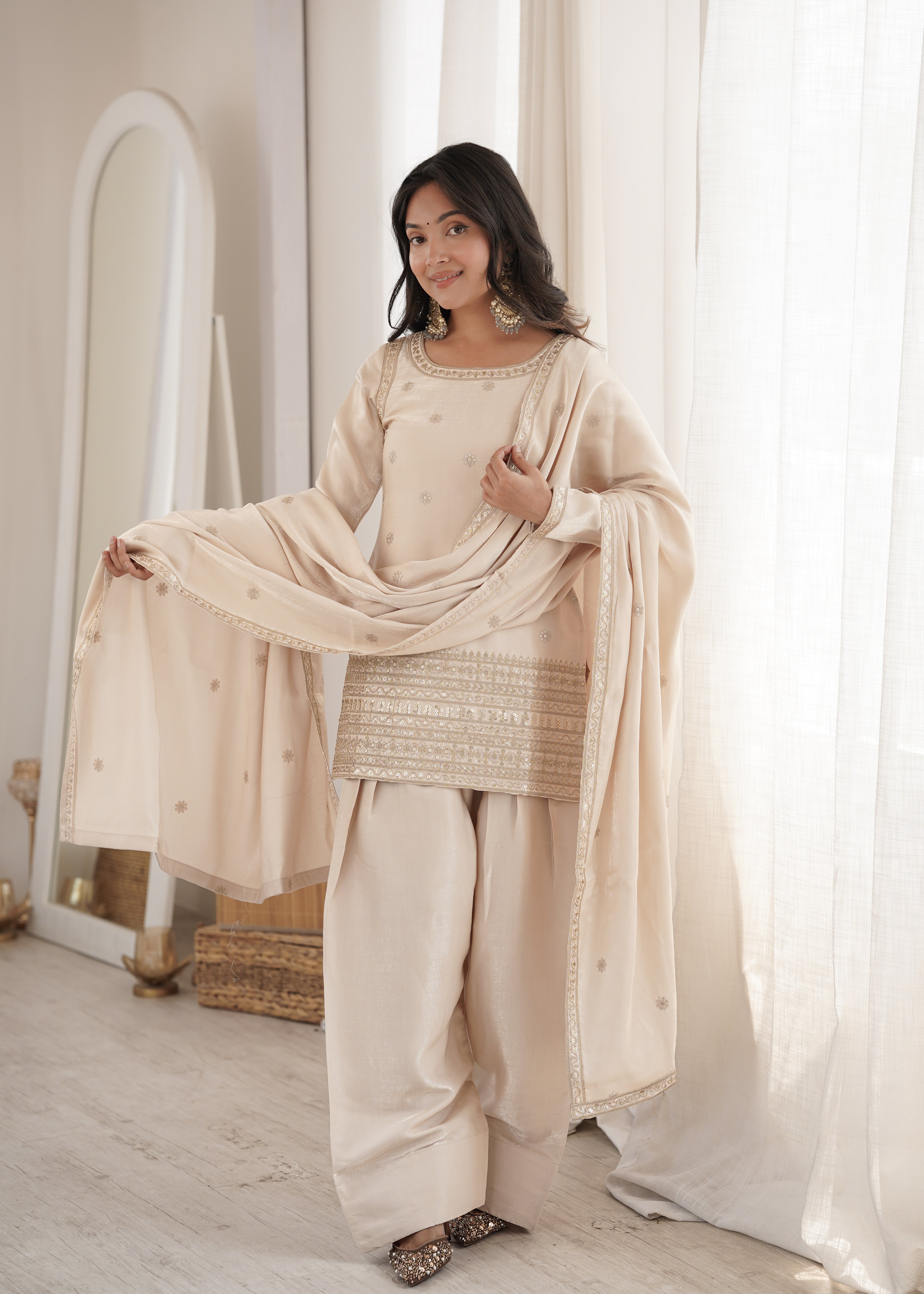 Womenline Ivory Cream Embroidered Punjabi Suit Set with Dupatta