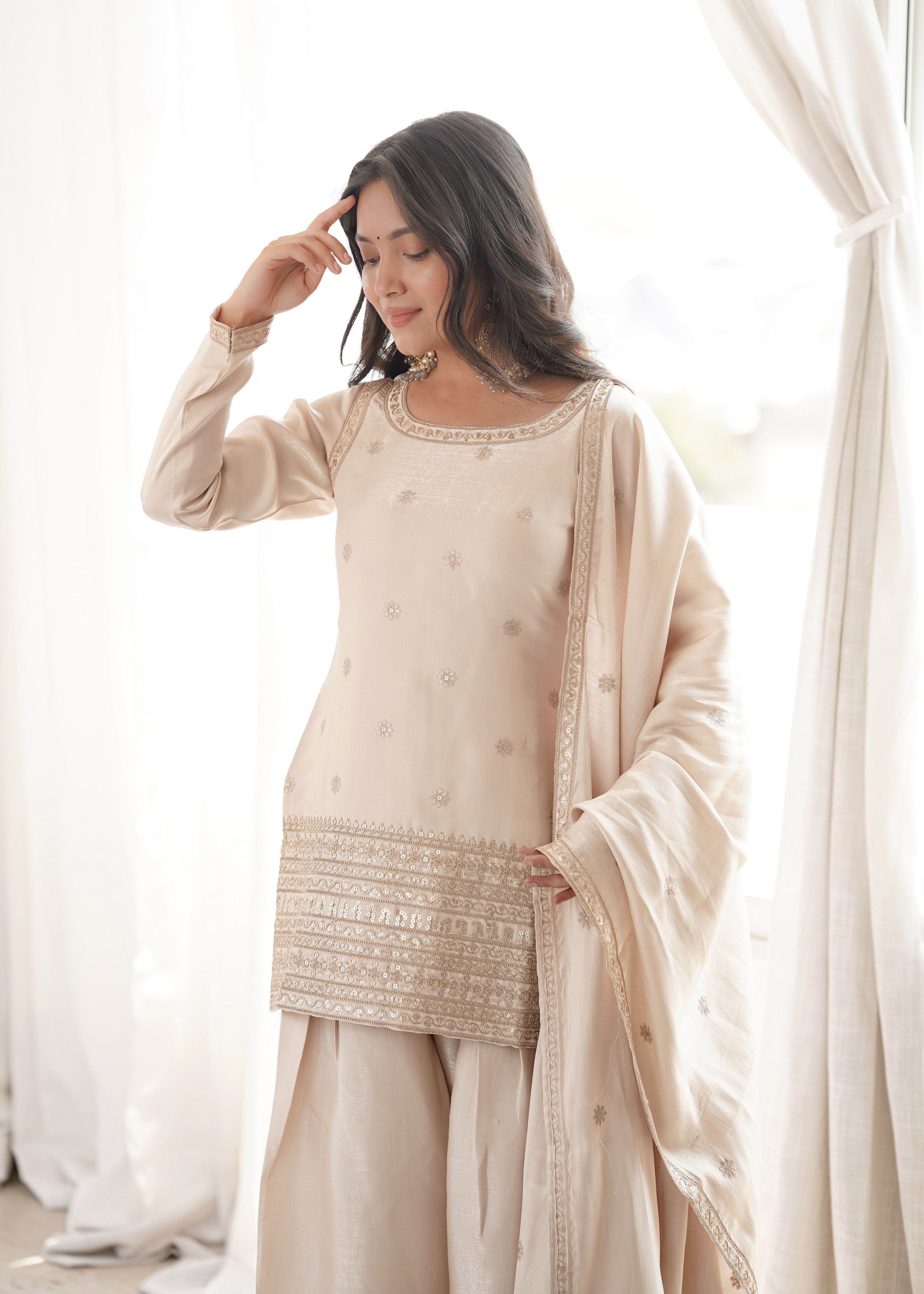 Womenline Ivory Cream Embroidered Punjabi Suit Set with Dupatta