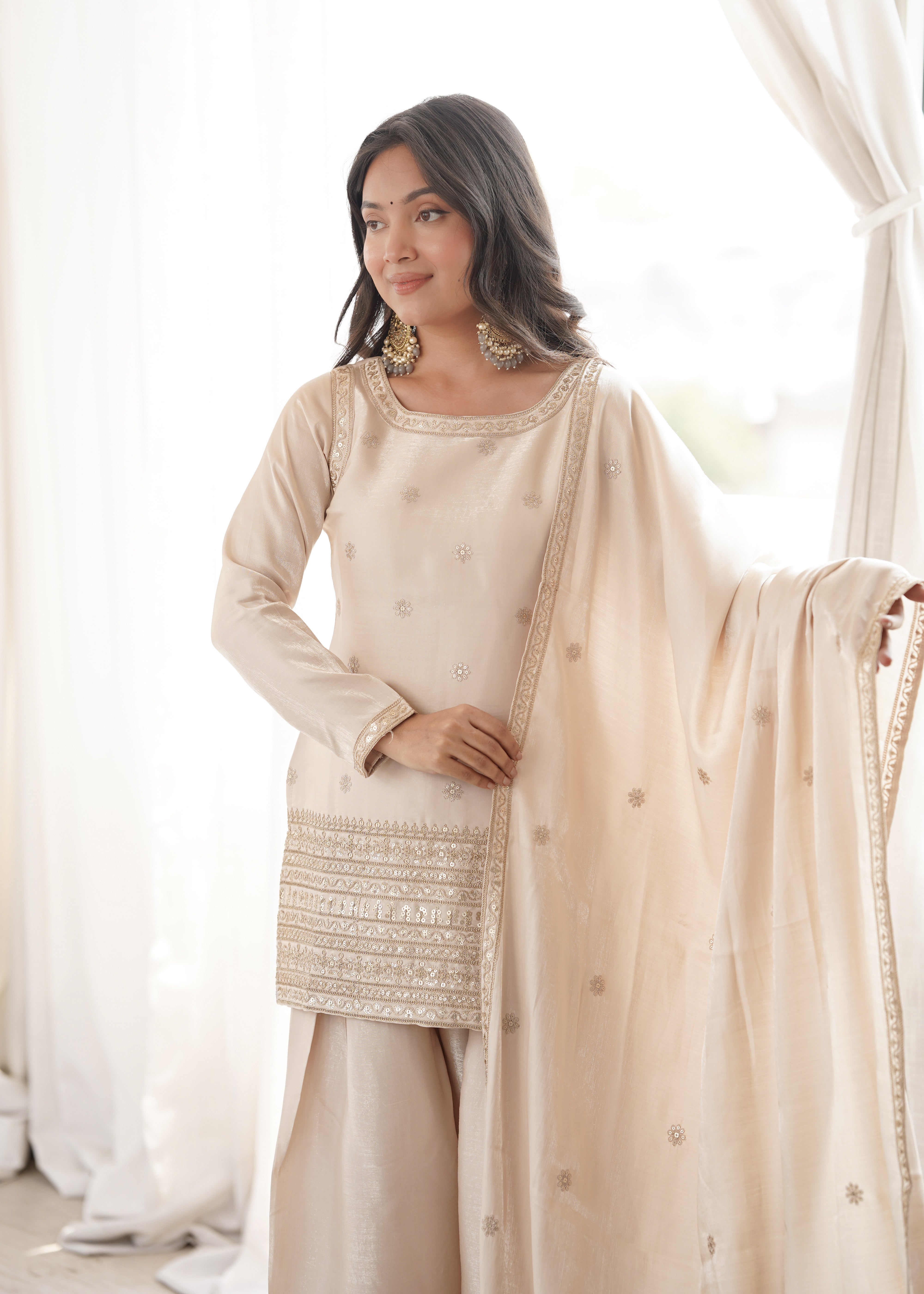 Womenline Ivory Cream Embroidered Punjabi Suit Set with Dupatta
