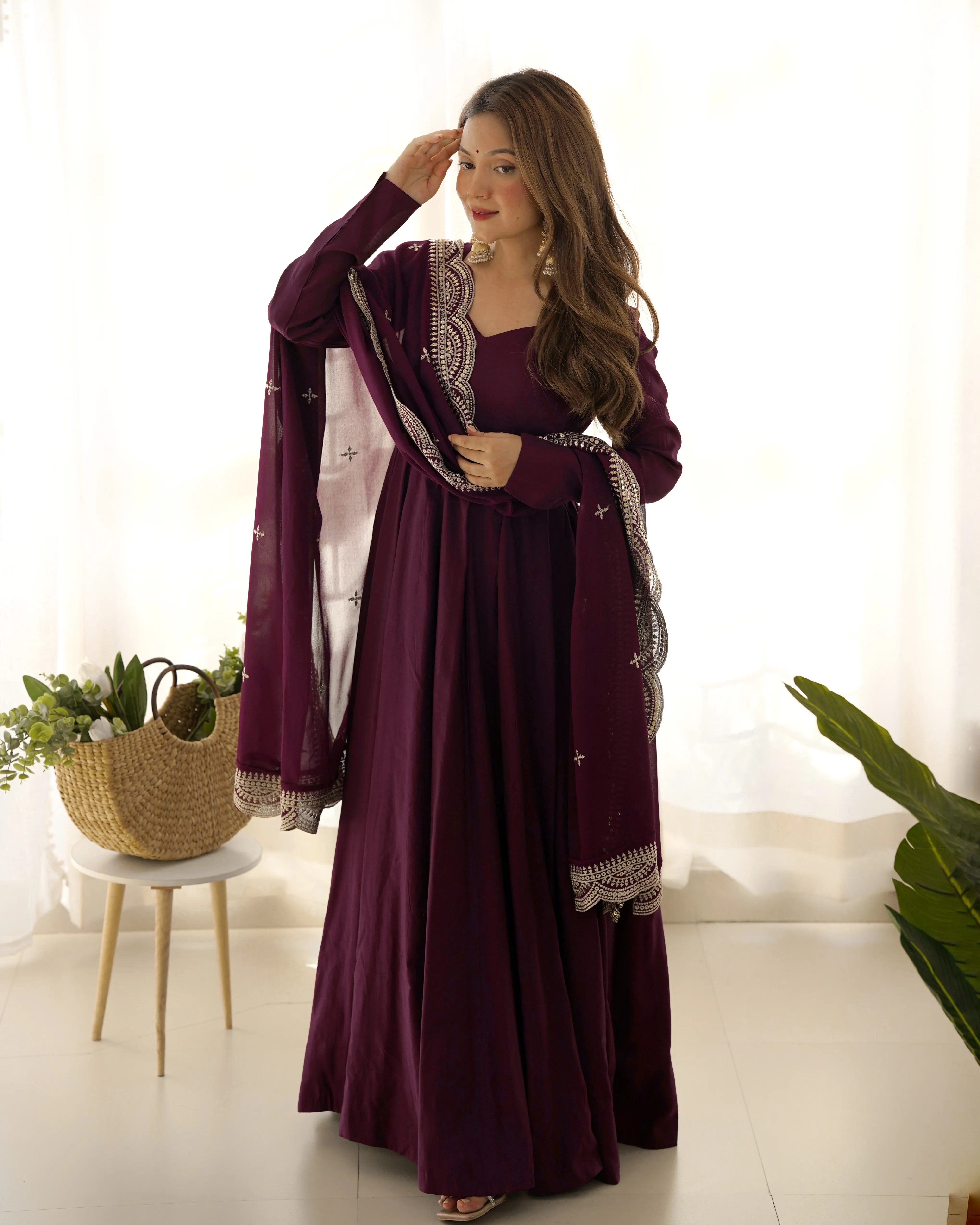 Womenline Beautiful Wine Color Pure Chanderi Silk Three Piece Anarkali Suit