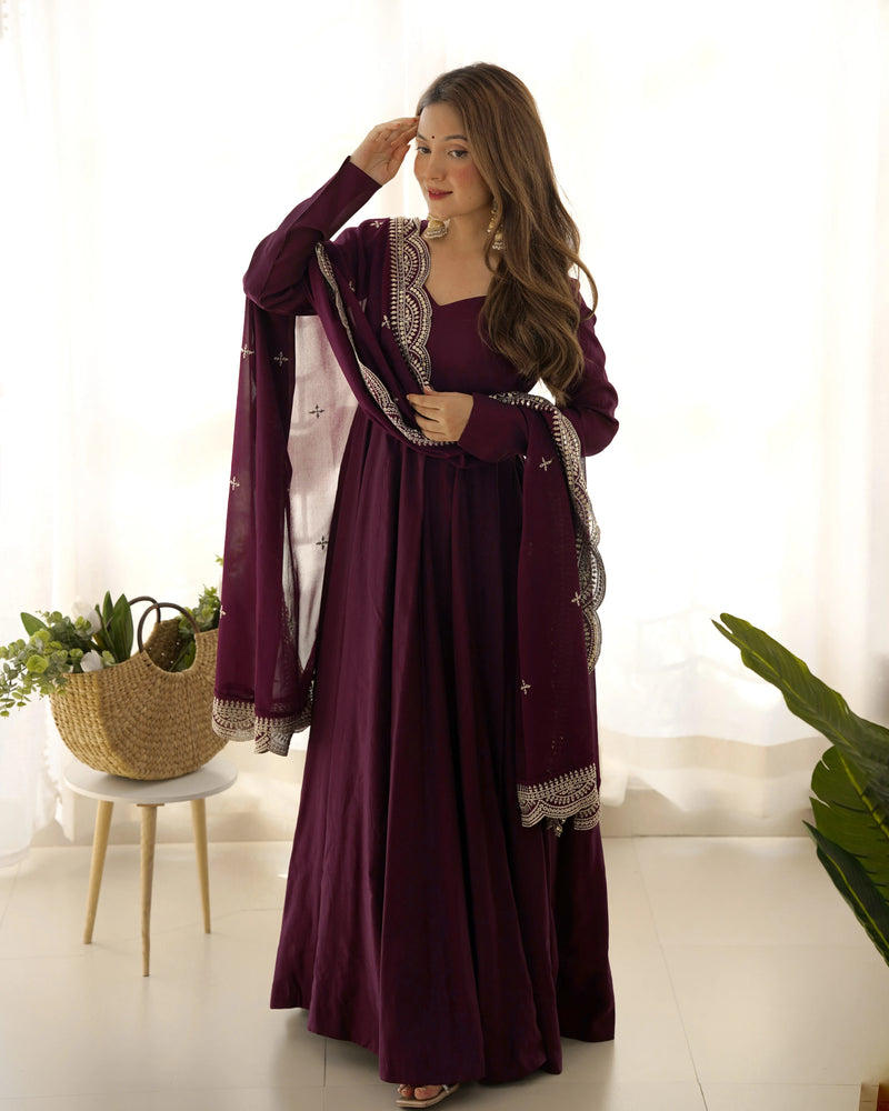Womenline Beautiful Wine Color Pure Chanderi Silk Three Piece Anarkali Suit