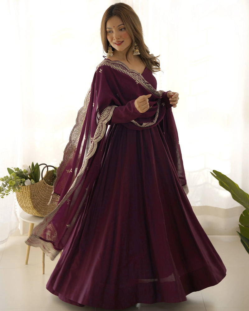 Womenline Beautiful Wine Color Pure Chanderi Silk Three Piece Anarkali Suit