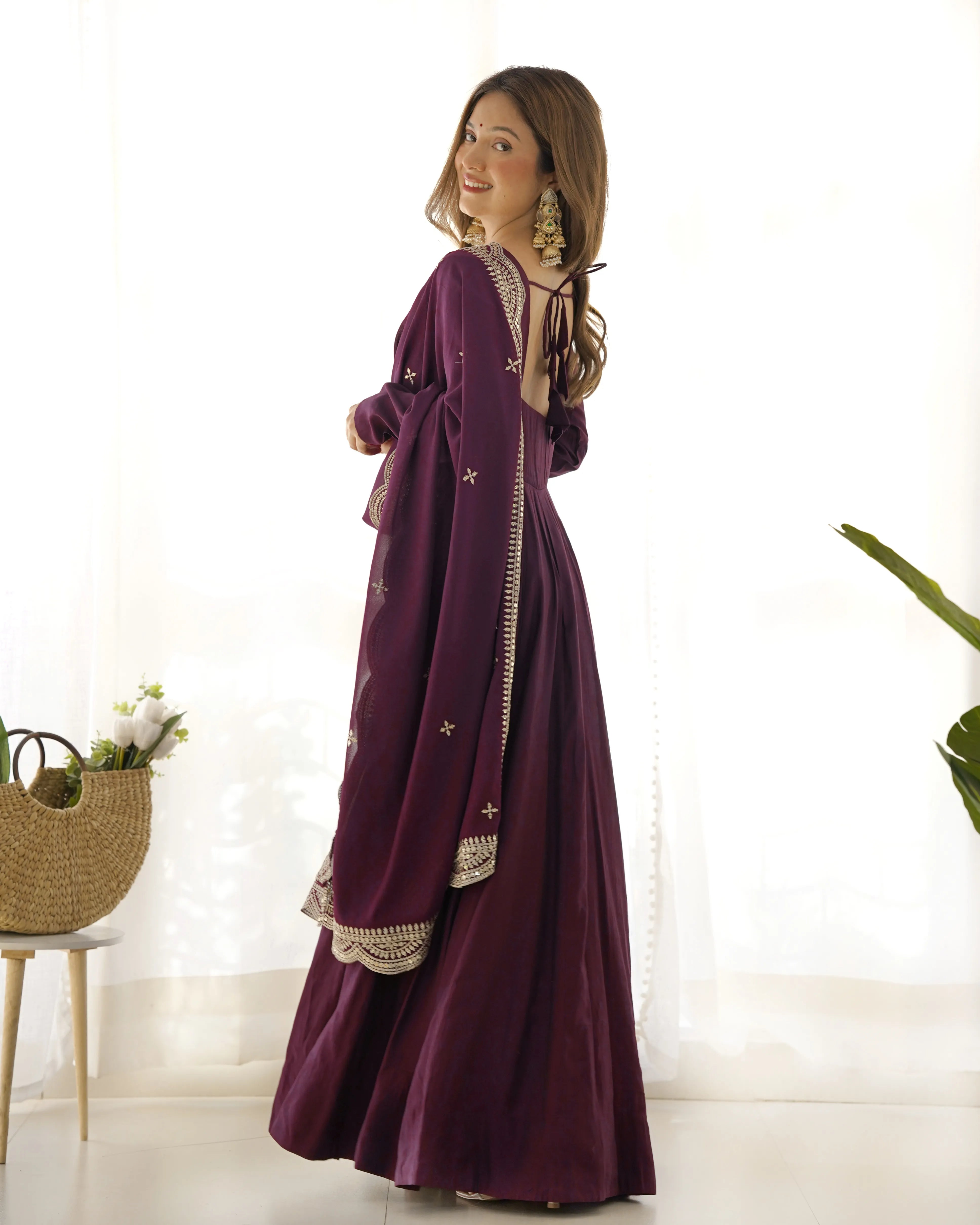 Womenline Beautiful Wine Color Pure Chanderi Silk Three Piece Anarkali Suit