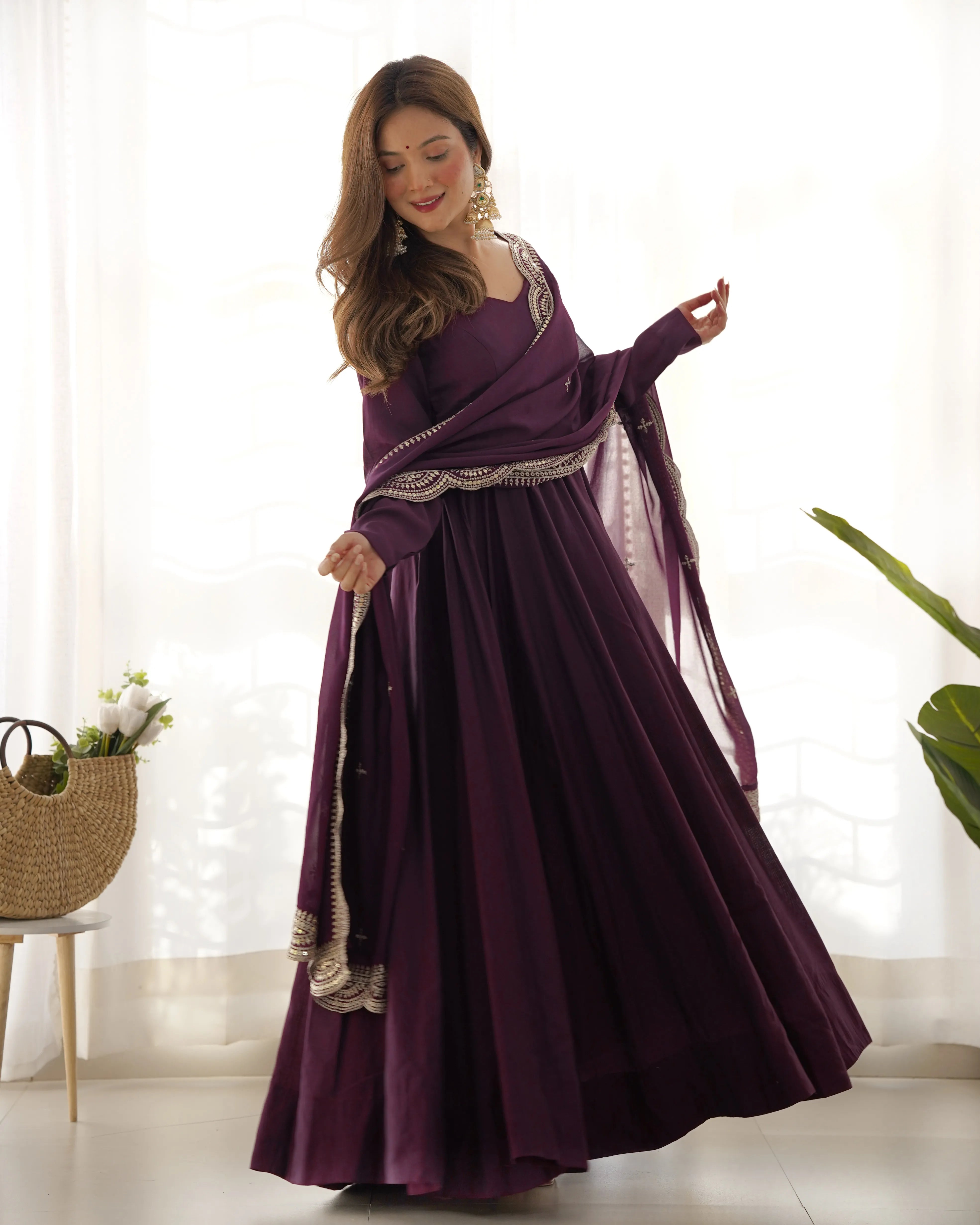 Womenline Beautiful Wine Color Pure Chanderi Silk Three Piece Anarkali Suit