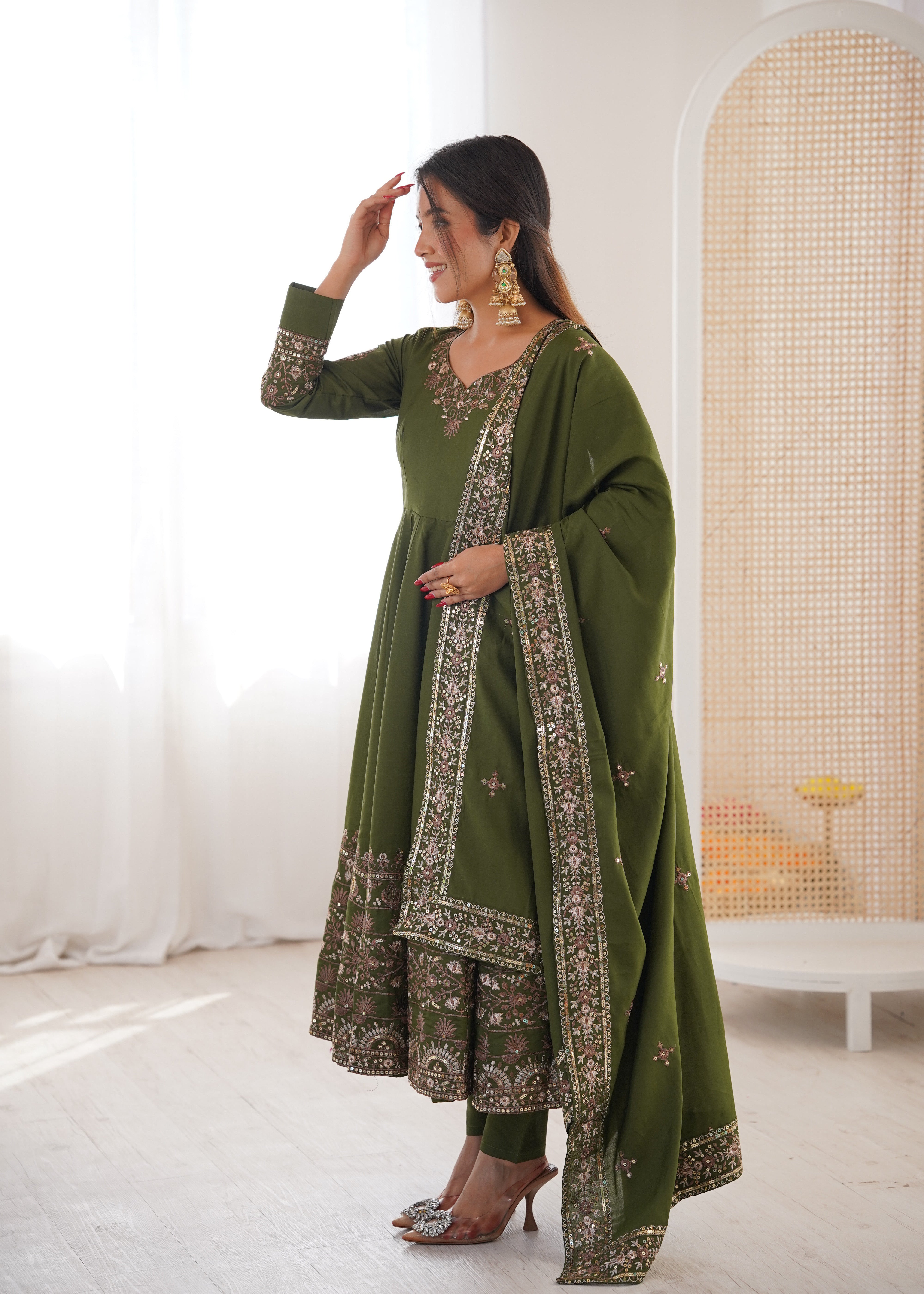 Womenline Elegant Olive Green & Gold Embroidered Anarkali Suit Set