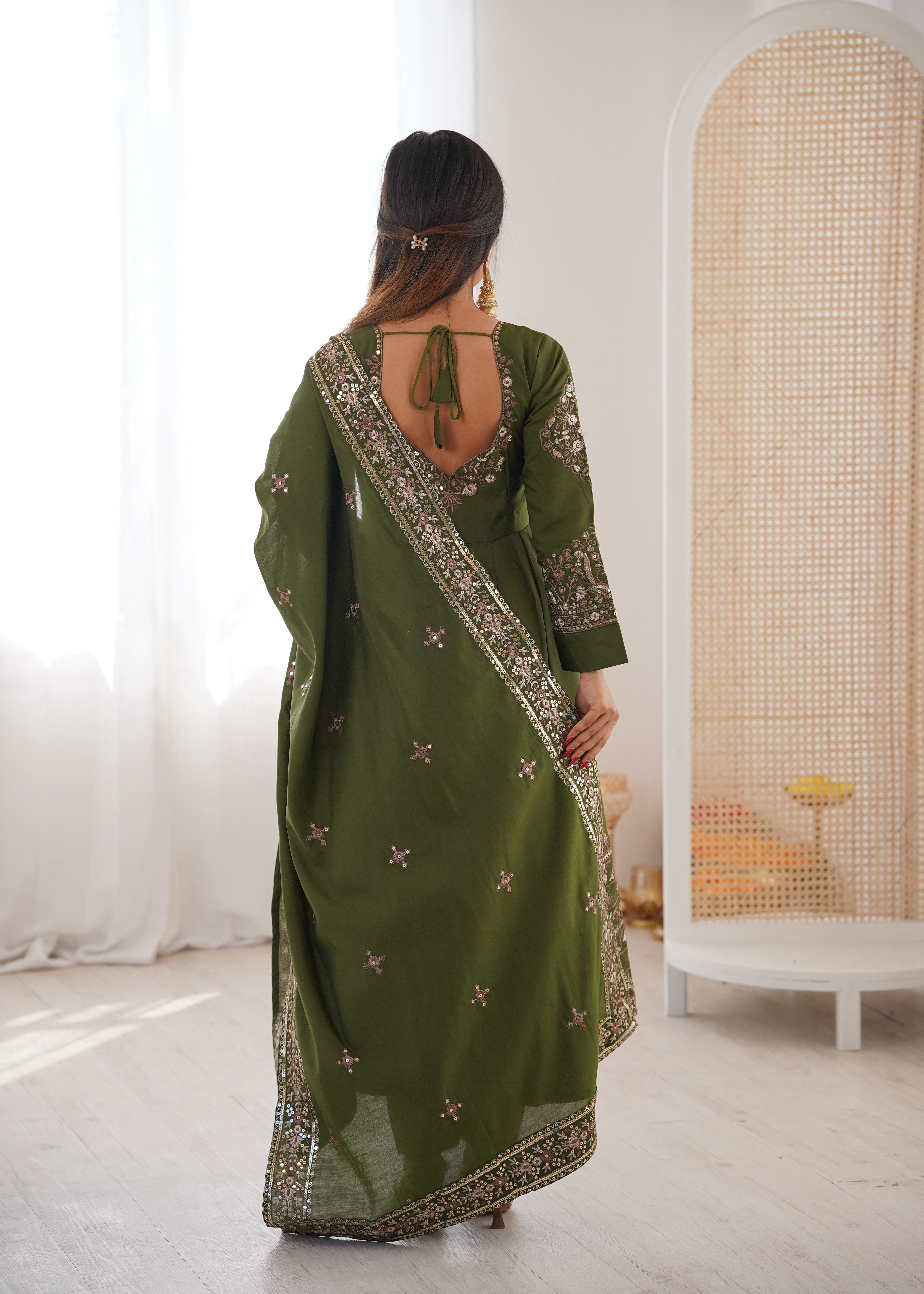 Womenline Elegant Olive Green & Gold Embroidered Anarkali Suit Set