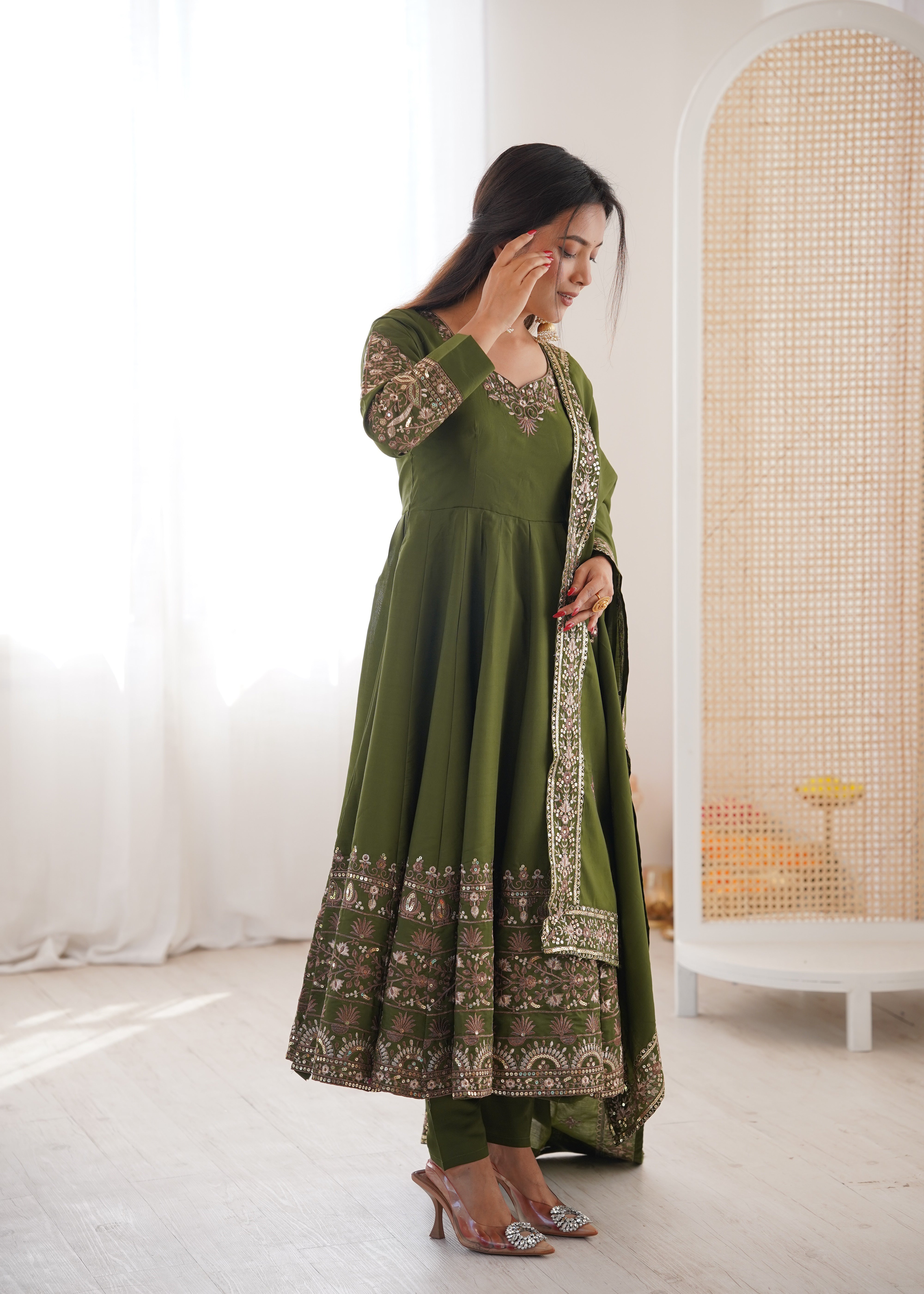 Womenline Elegant Olive Green & Gold Embroidered Anarkali Suit Set