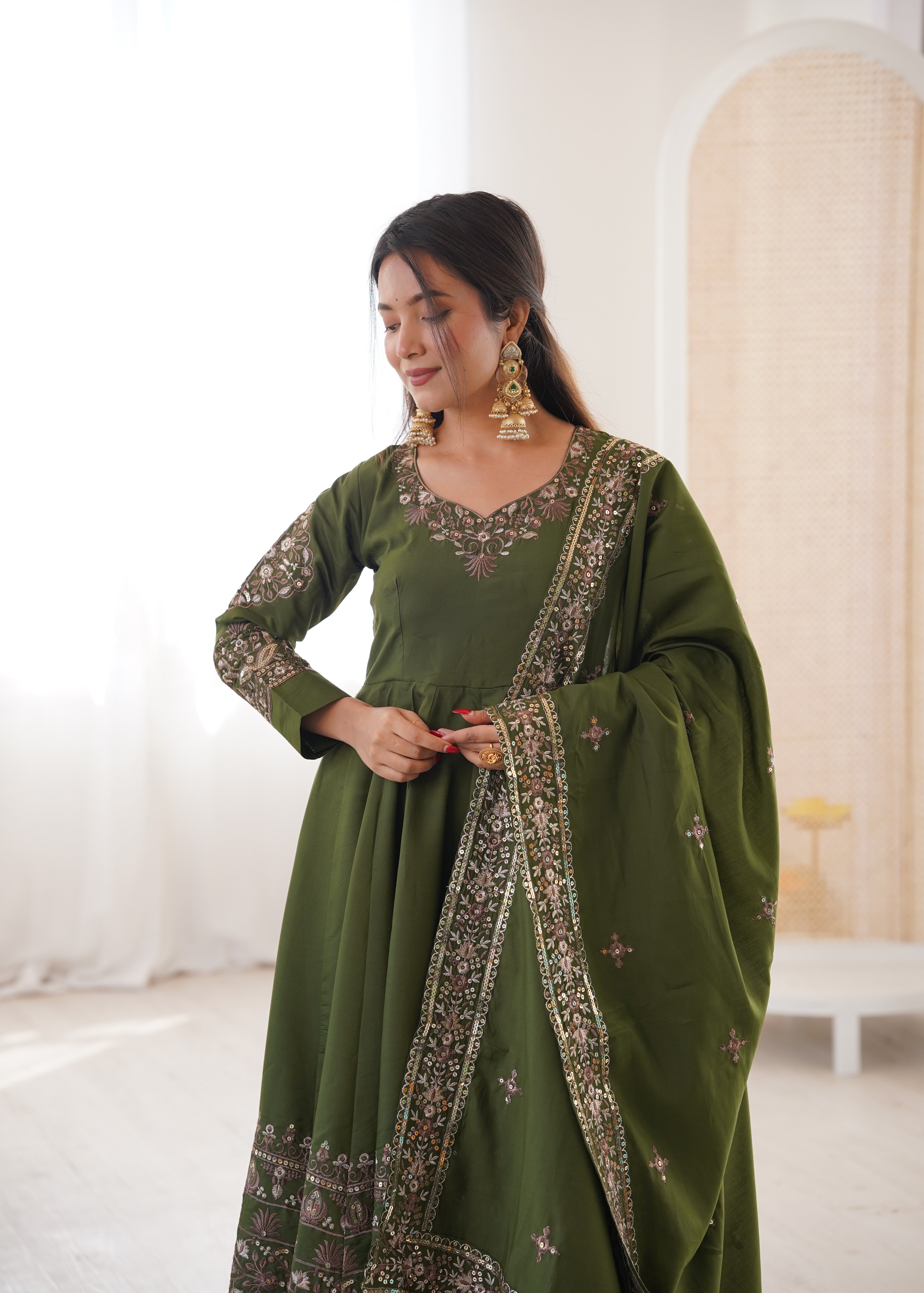 Womenline Elegant Olive Green & Gold Embroidered Anarkali Suit Set