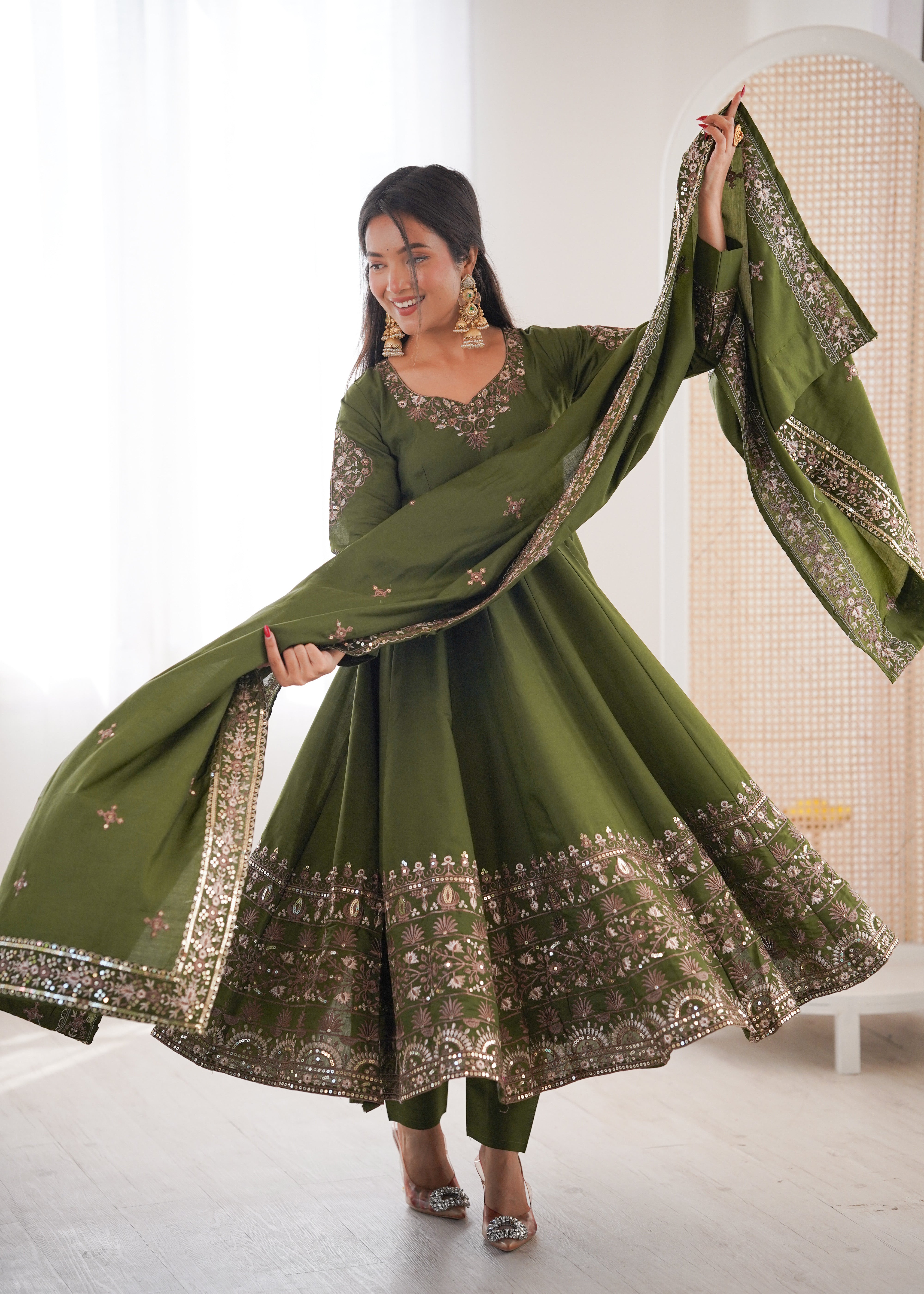Womenline Elegant Olive Green & Gold Embroidered Anarkali Suit Set