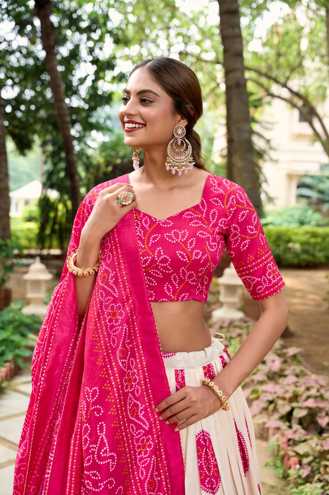 Pink Color Tussar Silk Bandhej Printed Lehenga Choli