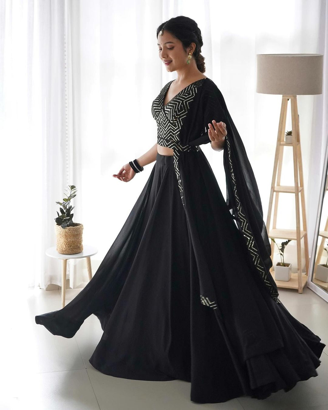 Womenline Black Full Flairy Pure Soft Georgette Full Stitched Lehenga Choli
