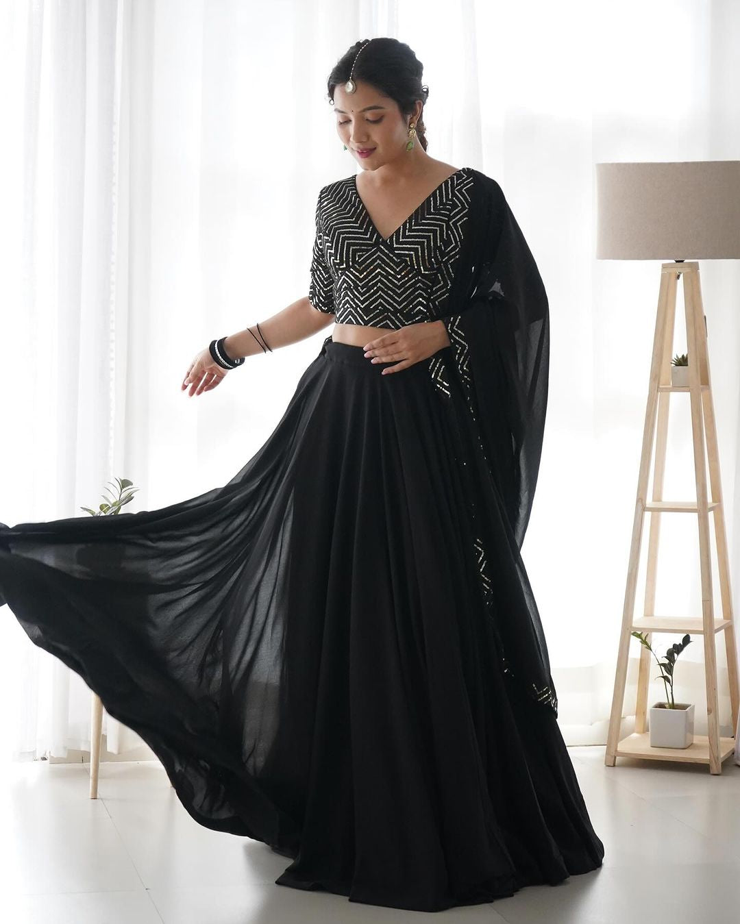 Womenline Black Full Flairy Pure Soft Georgette Full Stitched Lehenga Choli