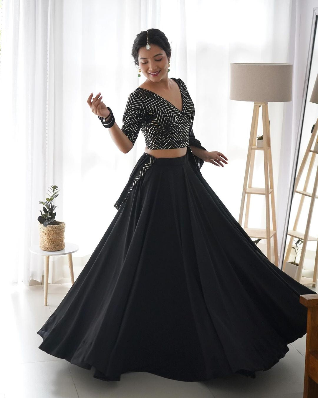 Womenline Black Full Flairy Pure Soft Georgette Full Stitched Lehenga Choli