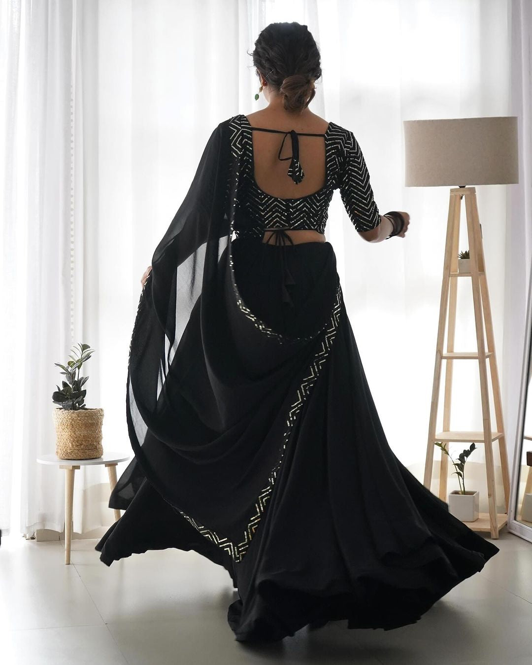Womenline Black Full Flairy Pure Soft Georgette Full Stitched Lehenga Choli
