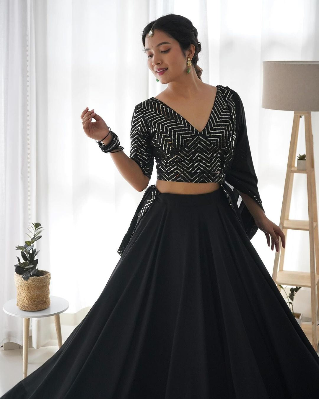 Womenline Black Full Flairy Pure Soft Georgette Full Stitched Lehenga Choli