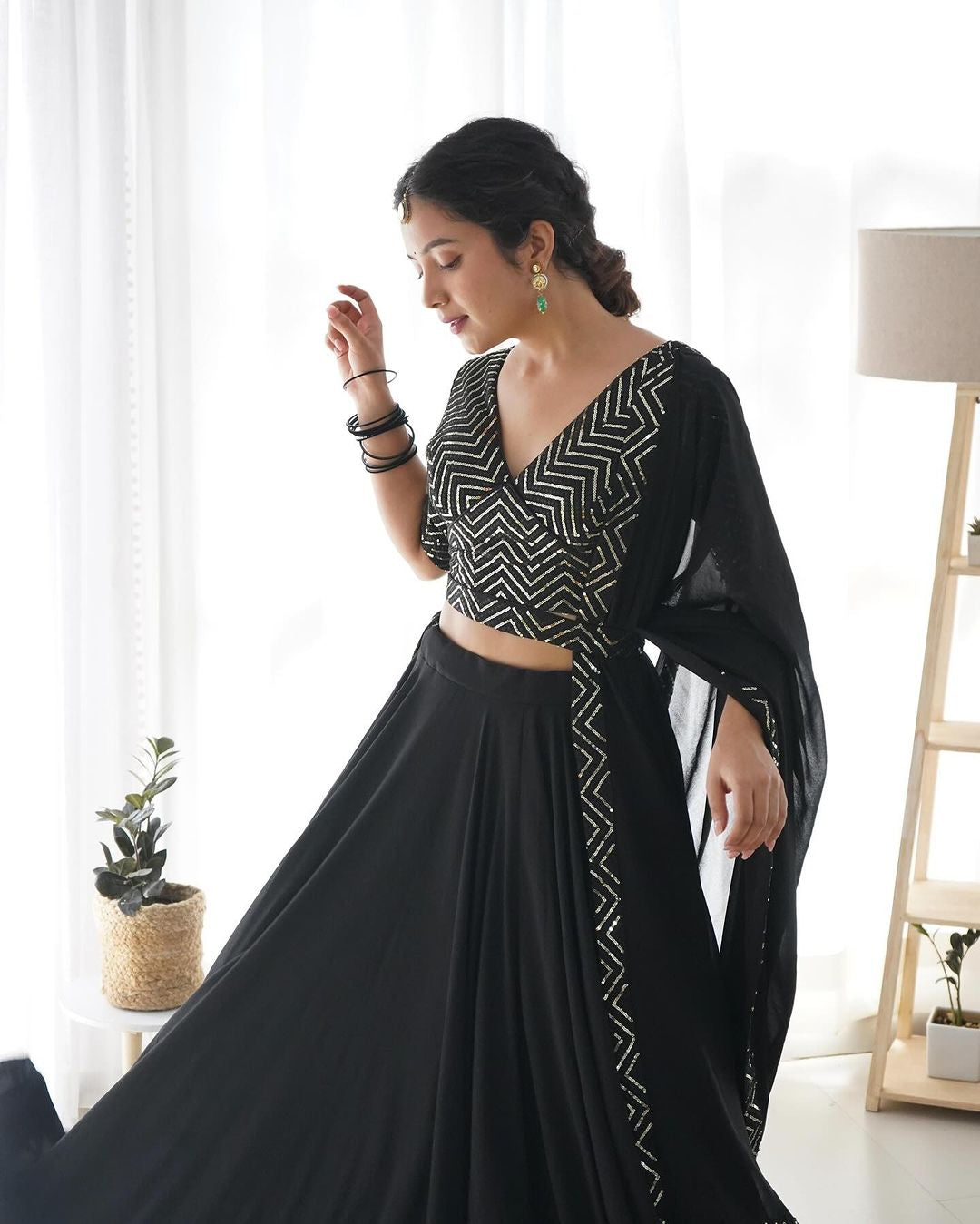 Womenline Black Full Flairy Pure Soft Georgette Full Stitched Lehenga Choli